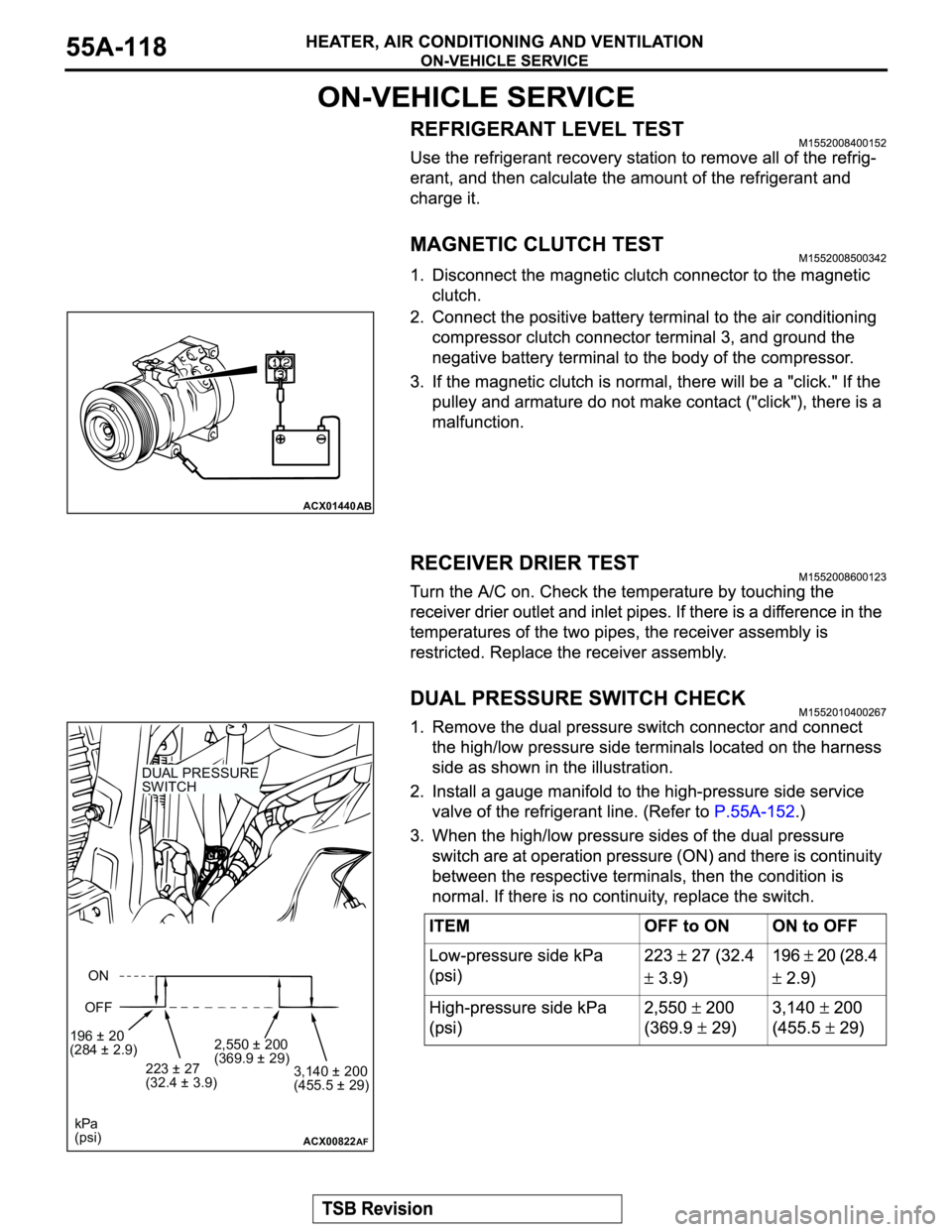 MITSUBISHI MONTERO 2003  Service Repair Manual ACX01440
AB
ACX00822
ON
OFF
196 ± 20
(284 ± 2.9)
223 ± 27
(32.4 ± 3.9)2,550 ± 200
(369.9 ± 29)
3,140 ± 200
(455.5 ± 29)
kPa
(psi)
DUAL PRESSURE 
SWITCH
AF 