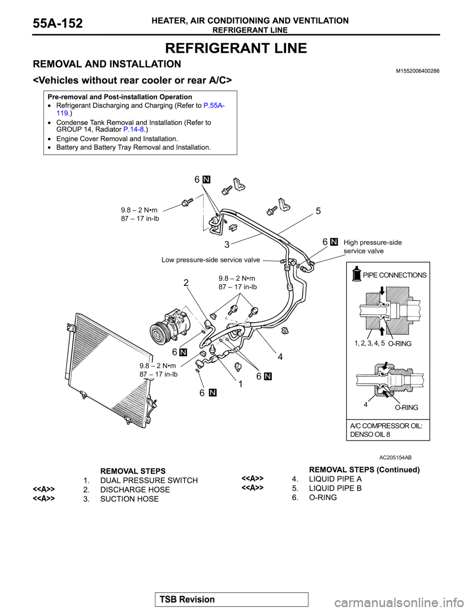 MITSUBISHI MONTERO 2003  Service Repair Manual 1 23
45
9.8 – 2 N•m
87 – 17 in-lb 9.8 – 2 N•m
87 – 17 in-lb
9.8 – 2 N•m
87 – 17 in-lb Low pressure-side service valveHigh pressure-side 
service valve
6N
6N
6N
6N
6N
PIPE CONNECTIONS