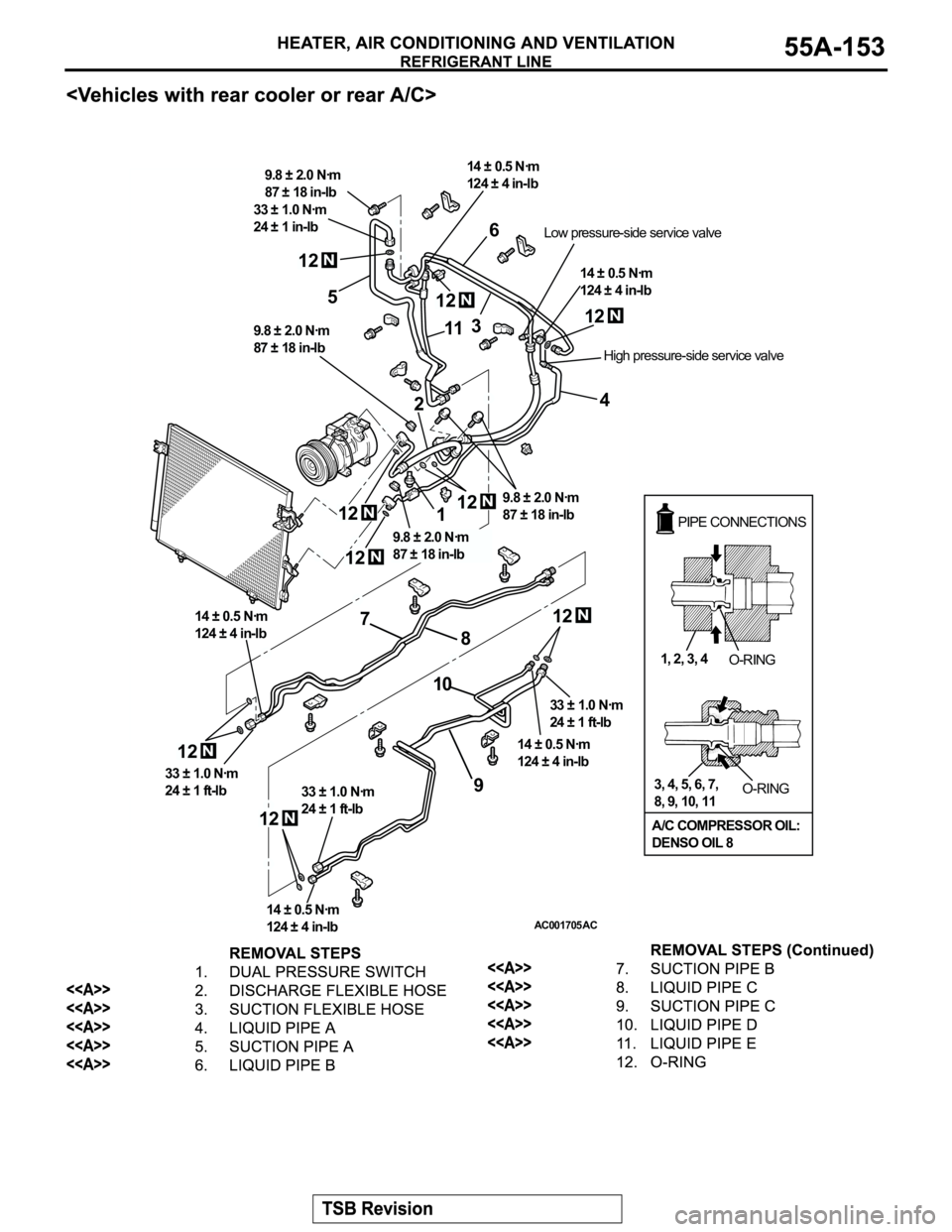 MITSUBISHI MONTERO 2003  Service Repair Manual AC001705AC
PIPE CONNECTIONS
O-RING
O-RING
A/C COMPRESSOR OIL:
DENSO OIL 81, 2, 3, 4
3, 4, 5, 6, 7, 
8, 9, 10, 11
9.8 ± 2.0 Nꞏm
87 ± 18 in-lb
9.8 ± 2.0 Nꞏm
87 ± 18 in-lb 9.8 ± 2.0 Nꞏm
87 ± 