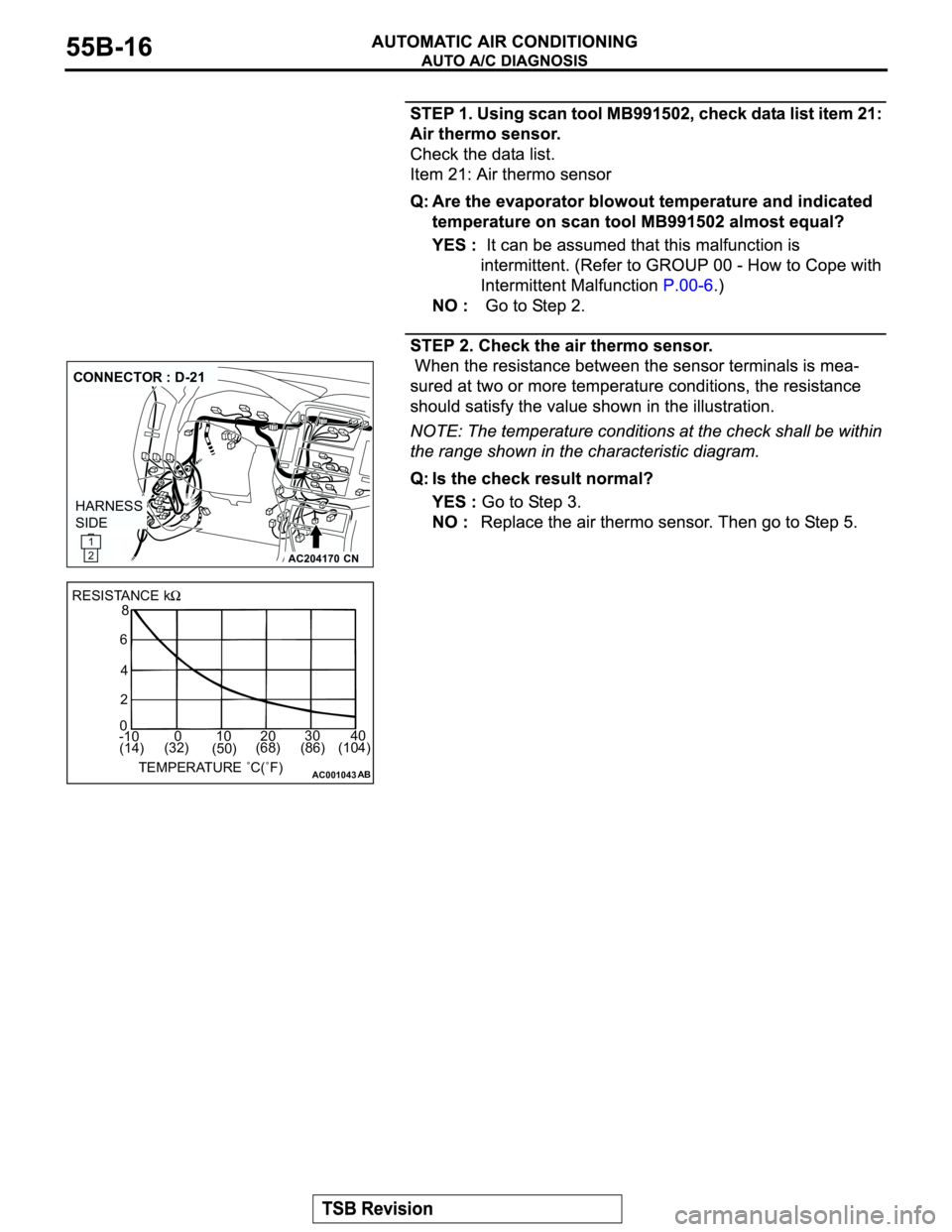 MITSUBISHI MONTERO 2003  Service Repair Manual AC204170
CONNECTOR : D-21
CN
1
2
HARNESS 
SIDE
AC001043
RESISTANCE k8
6
4
2
0
-100 10 20 30    40
TEMPERATURE ˚C(˚F)
AB
(14)(32)
(50)(86) (104) (68) 