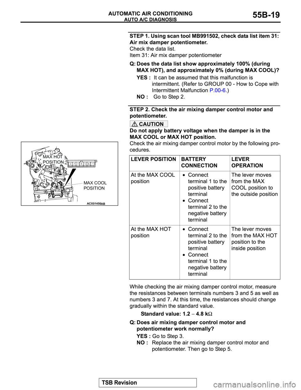 MITSUBISHI MONTERO 2003  Service Repair Manual CAUTION
ACX01456
MAX HOT
POSITION
MAX COOL
POSITION
AB 