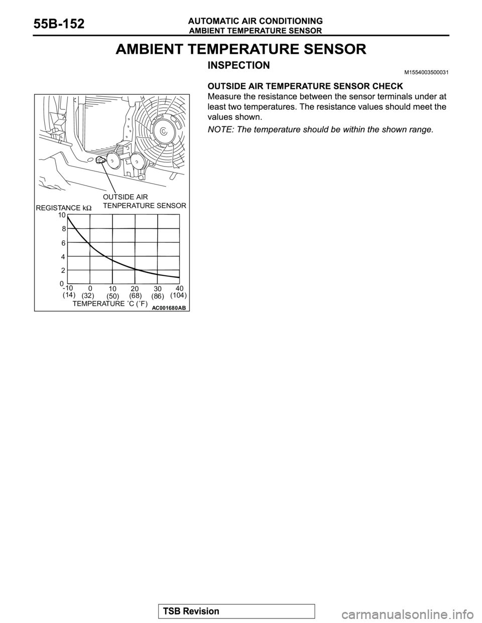 MITSUBISHI MONTERO 2003  Service Repair Manual AC001680AB
OUTSIDE AIR 
TENPERATURE SENSOR
REGISTANCE k
10
8
6
4
2
0
-10
0
10 20 3040
(14)
(32)
(50)(68)
(86)(104)
TEMPERATURE ˚C (˚F) 