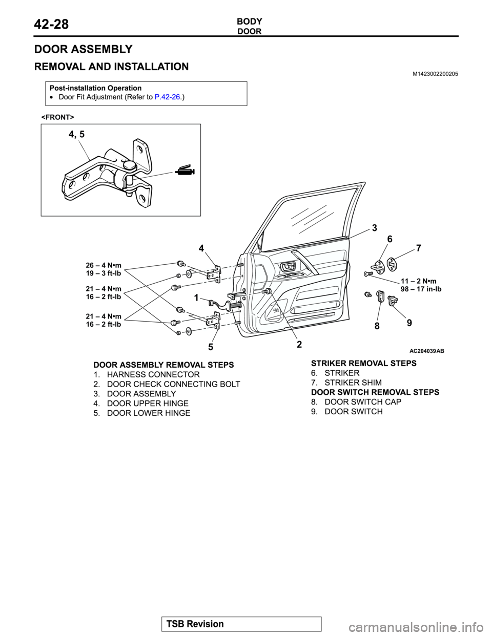 MITSUBISHI MONTERO 2003  Service Repair Manual AC204039AB
1
23
4
56
7
89
26 – 4 N•m
19 – 3 ft-lb
21 – 4 N•m
16 – 2 ft-lb
21 – 4 N•m
16 – 2 ft-lb 
4, 5
11 – 2 N•m
98 – 17 in-lb <FRONT> 
