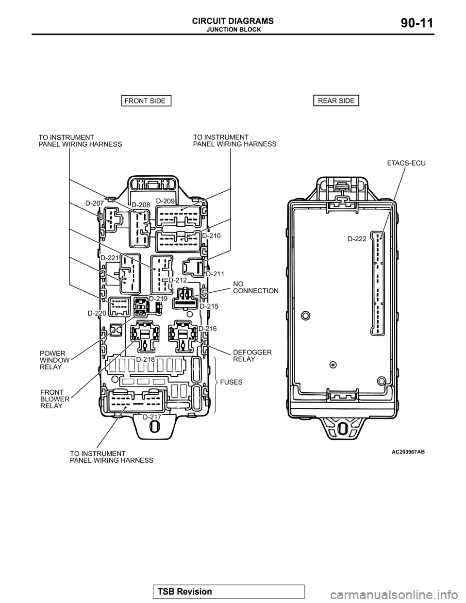 MITSUBISHI MONTERO 2003  Service Repair Manual AC203967AB
D-207
D-208D-209
D-210
D-211D-212
D-216
D-217
D-218
D-219
D-220
D-221
D-215
D-222 TO INSTRUMENT 
PANEL WIRING HARNESS
NO 
CONNECTION
DEFOGGER 
RELAY
FRONT 
BLOWER
RELAY POWER
WINDOW
RELAY
F