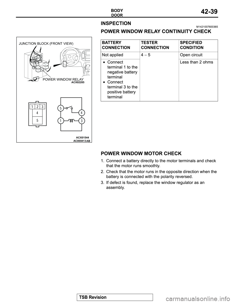 MITSUBISHI MONTERO 2003  Service Repair Manual ACX01544
ACX02285
AC000413
JUNCTION BLOCK (FRONT VIEW)
POWER WINDOW RELAY
AB 