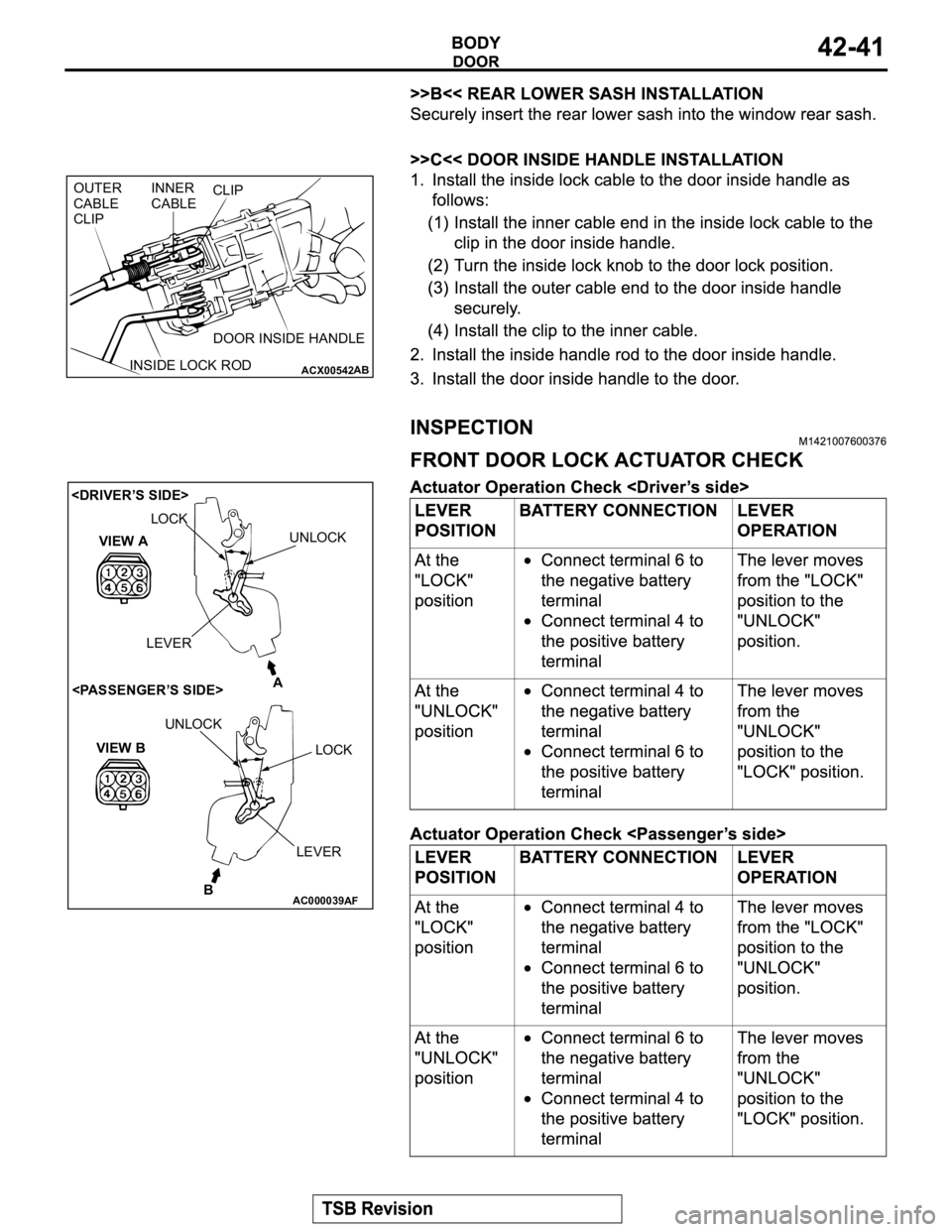 MITSUBISHI MONTERO 2003  Service Repair Manual ACX00542
INNER
CABLE OUTER 
CABLE
CLIPCLIP
INSIDE LOCK RODDOOR INSIDE HANDLE
AB
AC000039
LOCK
UNLOCK
VIEW A
VIEW BUNLOCK
LOCK
B <DRIVER’S SIDE>
<PASSENGER’S SIDE>
AF
A
LEVER
LEVER 