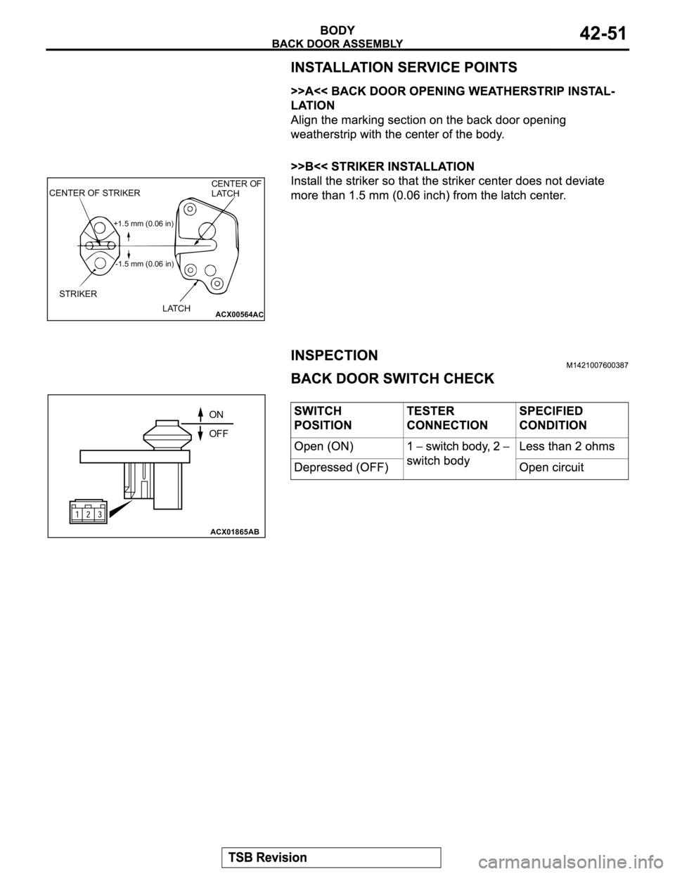 MITSUBISHI MONTERO 2003  Service Repair Manual ACX00564
CENTER OF STRIKER
STRIKER
+1.5 mm (0.06 in)
CENTER OF 
LATCH
LATCH
-1.5 mm (0.06 in)
AC
ACX01865 AB
ON
OFF 