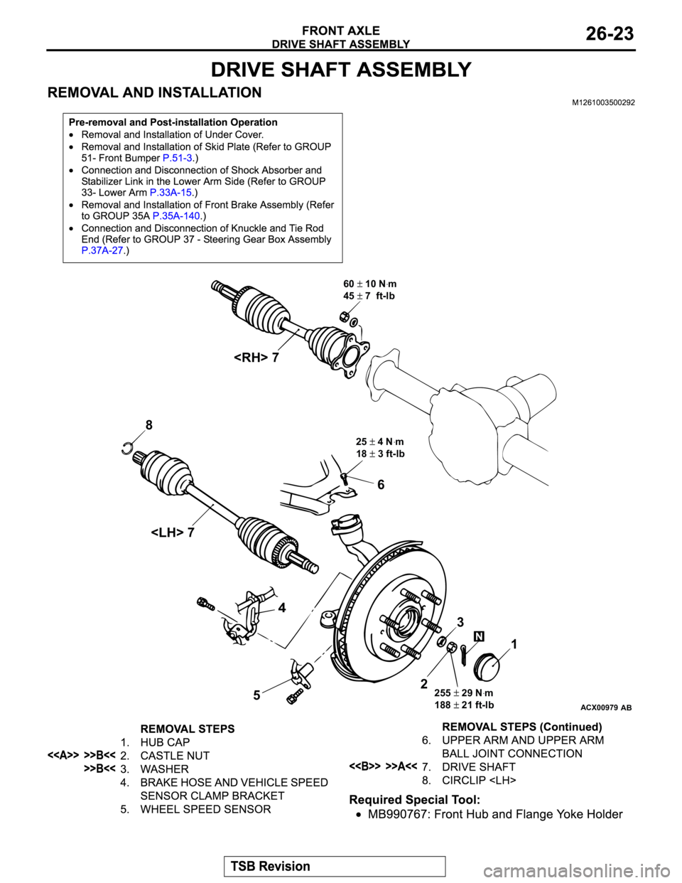 MITSUBISHI MONTERO 2003  Service Repair Manual ACX00979
AB
60 10 Nꞏm
45
 7  ft-lb
25
 4 Nꞏm
18 
 3 ft-lb
255
 29 Nꞏm
188 
21 ft-lb
<RH> 7
8
<LH> 7
23
1 6
5
4 