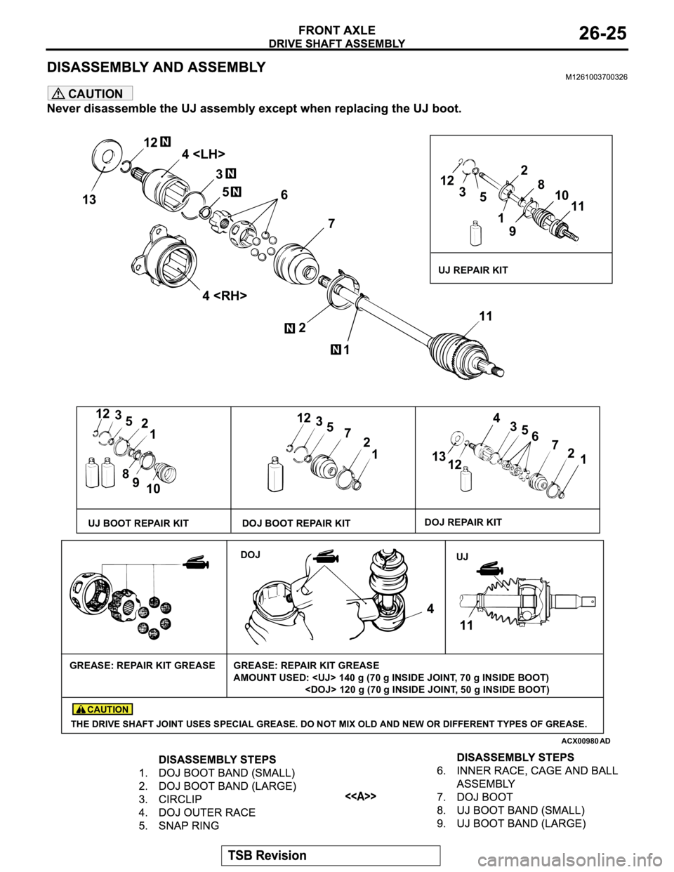 MITSUBISHI MONTERO 2003  Service Repair Manual CAUTION
ACX00980
AD
1312
4 <LH>
3
5
6
7
4 <RH>
2
111
3
5
2
1
8
9
1012
3
5
7
2
1
13
124
3
5
6
7
2
1
DOJ
UJ
11 412
3
52
8
10
11
9 1
UJ BOOT REPAIR KITDOJ REPAIR KITUJ REPAIR KIT
GREASE: REPAIR KIT GREAS