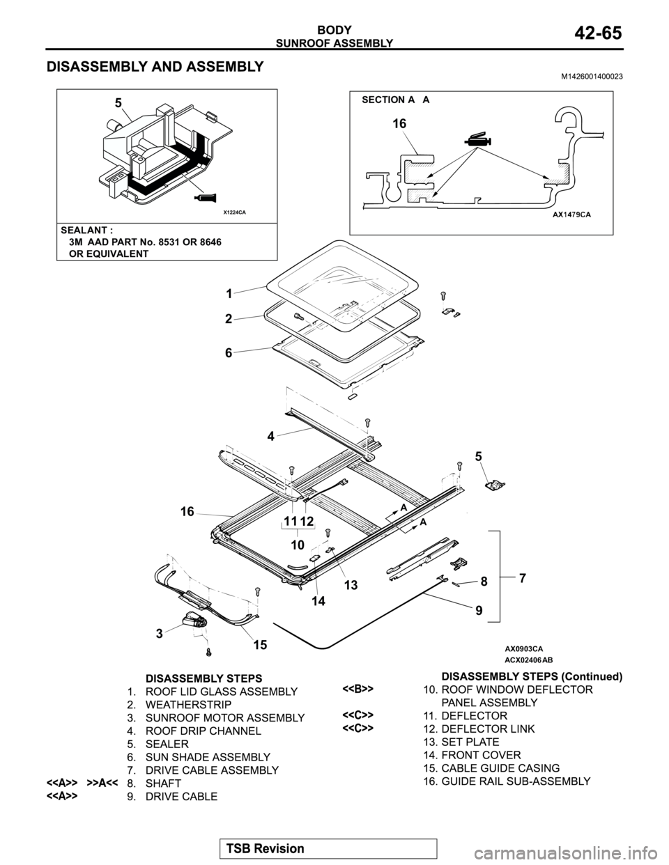 MITSUBISHI MONTERO 2003  Service Repair Manual X1224CA
ACX02406
16 5
SECTION A   A
1
2
36
5 4
16
11
12
10
14138
97
15
AB
A
A SEALANT :
   3M  AAD PART No. 8531 OR 8646 
   OR EQUIVALENT 