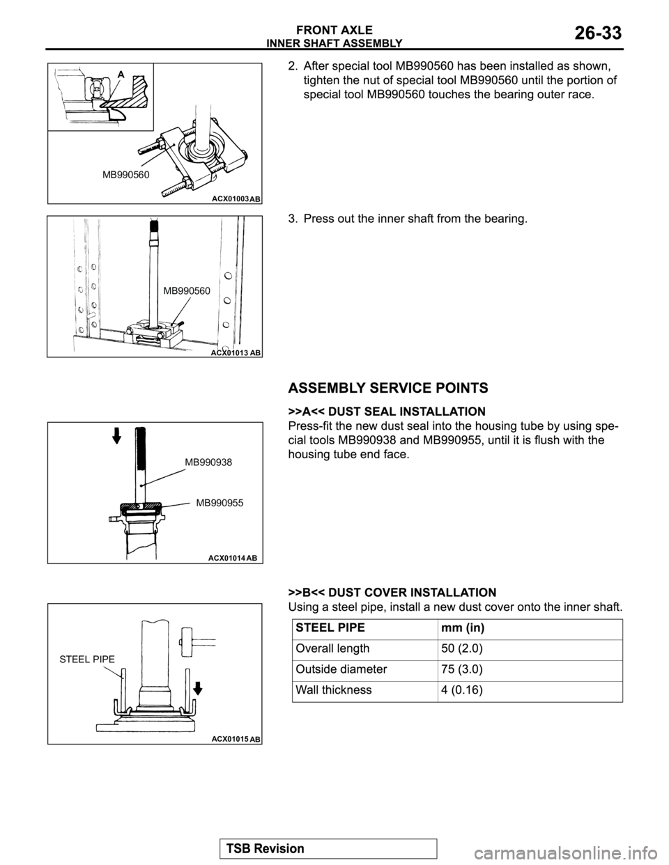 MITSUBISHI MONTERO 2003  Service Repair Manual ACX01003
AB
A
MB990560
ACX01013 AB
MB990560
ACX01014
AB
MB990955 MB990938
ACX01015
AB
STEEL PIPE 