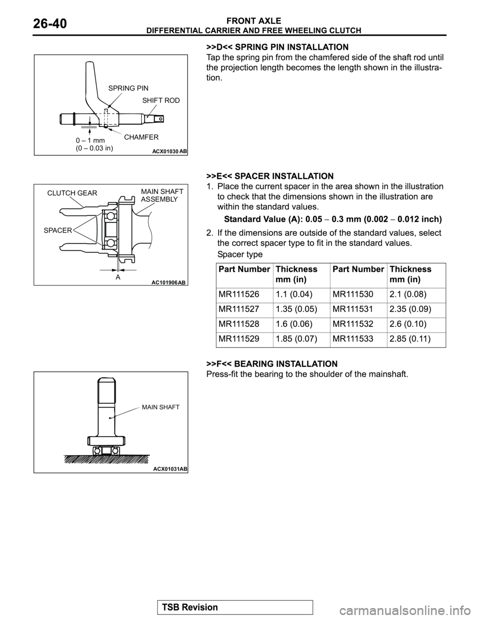 MITSUBISHI MONTERO 2003  Service Repair Manual ACX01030AB
SPRING PIN
SHIFT ROD
0 – 1 mm
(0 – 0.03 in)CHAMFER
AC101906
AB
CLUTCH GEARMAIN SHAFT 
ASSEMBLY
SPACER
A
ACX01031AB
MAIN SHAFT 
