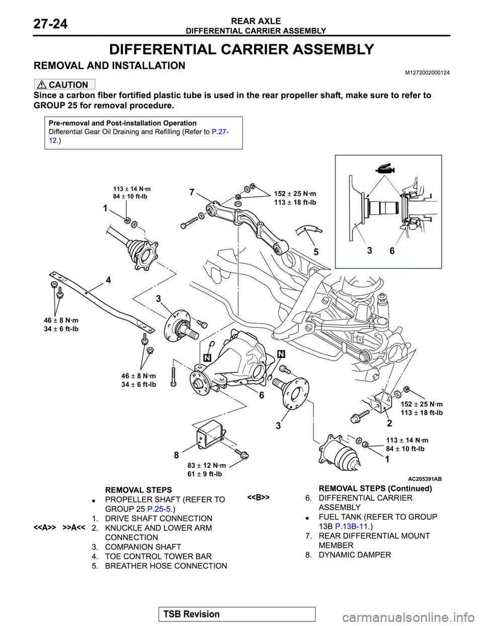 MITSUBISHI MONTERO 2003  Service Repair Manual CAUTION
AC205391AB
152 ±25 Nꞏm
113
 ±18 ft-lb1
4
6 7
3
12 3
6
5
8 3
113 ±14 Nꞏm
84 ±10 ft-lb
113 ±14 Nꞏm
84
 ±10 ft-lb 152
 ±25 Nꞏm
113
 ±18 ft-lb
83
 ±12 Nꞏm
61
 ±9 ft-lb 46
 ±8 