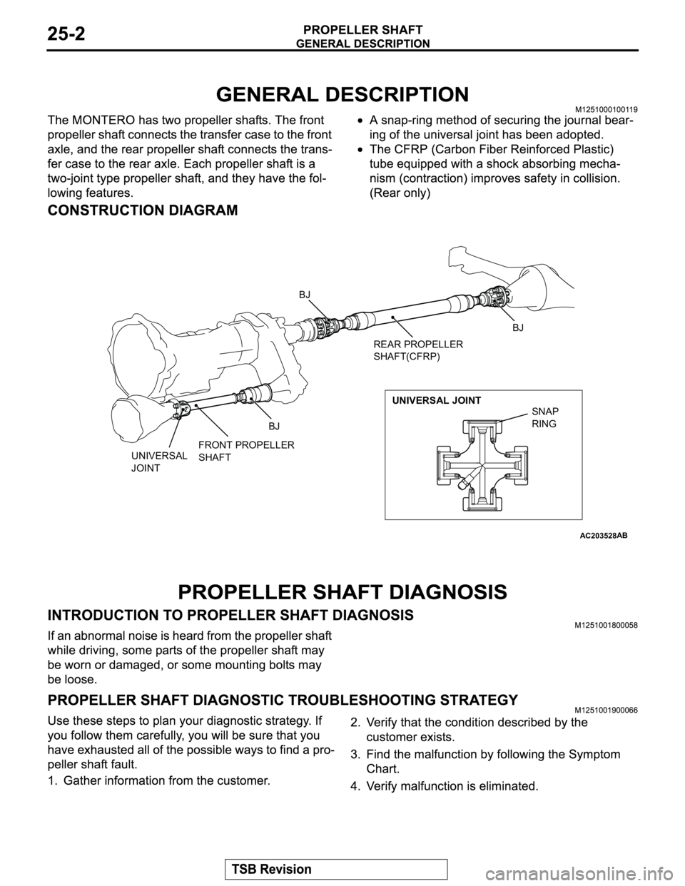 MITSUBISHI MONTERO 2003  Service Repair Manual AC203528
BJ
REAR PROPELLER
SHAFT(CFRP) BJ
BJ
FRONT PROPELLER
SHAFT UNIVERSAL
JOINT
UNIVERSAL JOINT
SNAP
RING
AB 