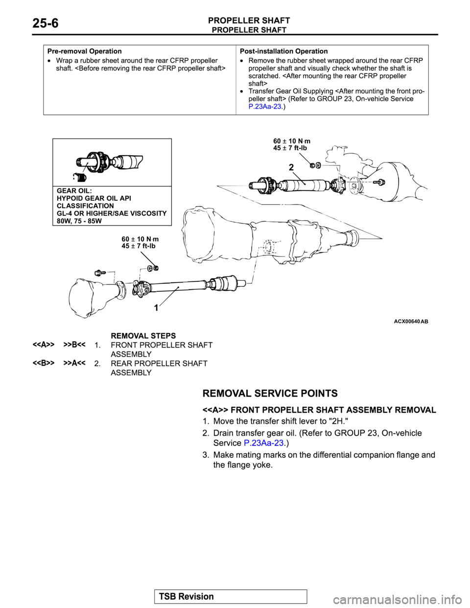 MITSUBISHI MONTERO 2003  Service Repair Manual ACX00640
AB
GEAR OIL:
HYPOID GEAR OIL API 
CLASSIFICATION
GL-4 OR HIGHER/SAE VISCOSITY 
80W, 75 - 85W
60
 ±10 Nꞏm
45 ±7 ft-lb
1
60 ±10 Nꞏm
45 ±7 ft-lb
2 