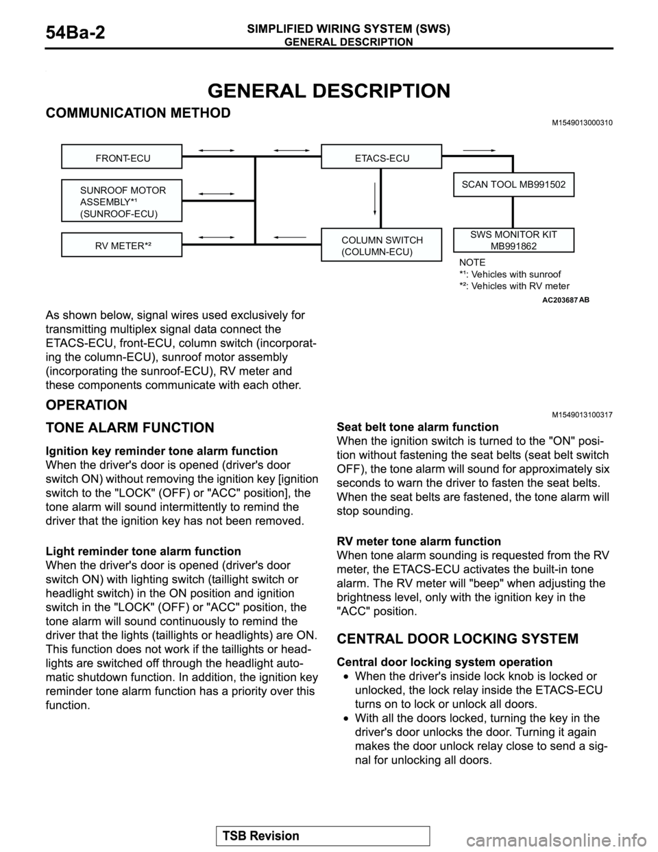 MITSUBISHI MONTERO 2003  Service Repair Manual AC203687
SCAN TOOL MB991502
SWS MONITOR KIT
MB991862
AB
FRONT-ECU ETACS-ECU
SUNROOF MOTOR
ASSEMBLY*¹
(SUNROOF-ECU)
COLUMN SWITCH
(COLUMN-ECU)
NOTE
*¹: Vehicles with sunroof
*²: Vehicles with RV met