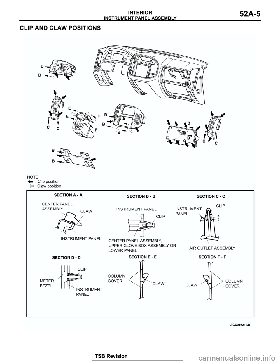 MITSUBISHI MONTERO 2004  Service Repair Manual NOTE
:
:Clip position
Claw position
CENTER PANEL
ASSEMBLY
CLAW
INSTRUMENT PANELINSTRUMENT PANEL
CLIP
CENTER PANEL ASSEMBLY, 
UPPER GLOVE BOX ASSEMBLY OR
LOWER PANELCLIP
INSTRUMENT
PA N E L
AIR OUTLET 