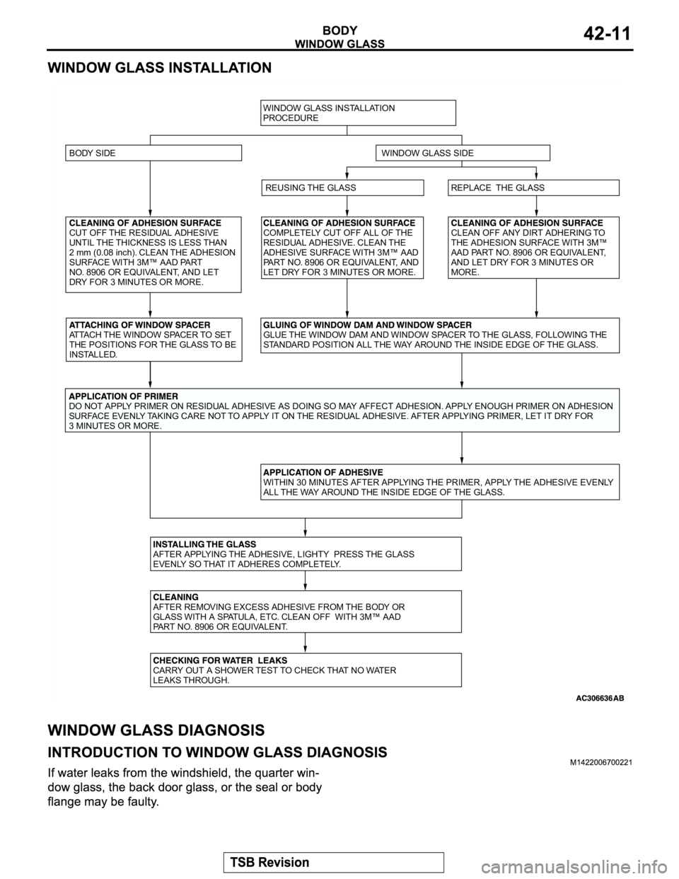 MITSUBISHI MONTERO 2004  Service Repair Manual CUT OFF THE RESIDUAL ADHESIVE
UNTIL THE THICKNESS IS LESS THAN
2 mm (0.08 inch). CLEAN THE ADHESION
SURFACE WITH 3M™ AAD PART
NO. 8906 OR EQUIVALENT, AND LET
DRY FOR 3 MINUTES OR MORE.COMPLETELY CUT
