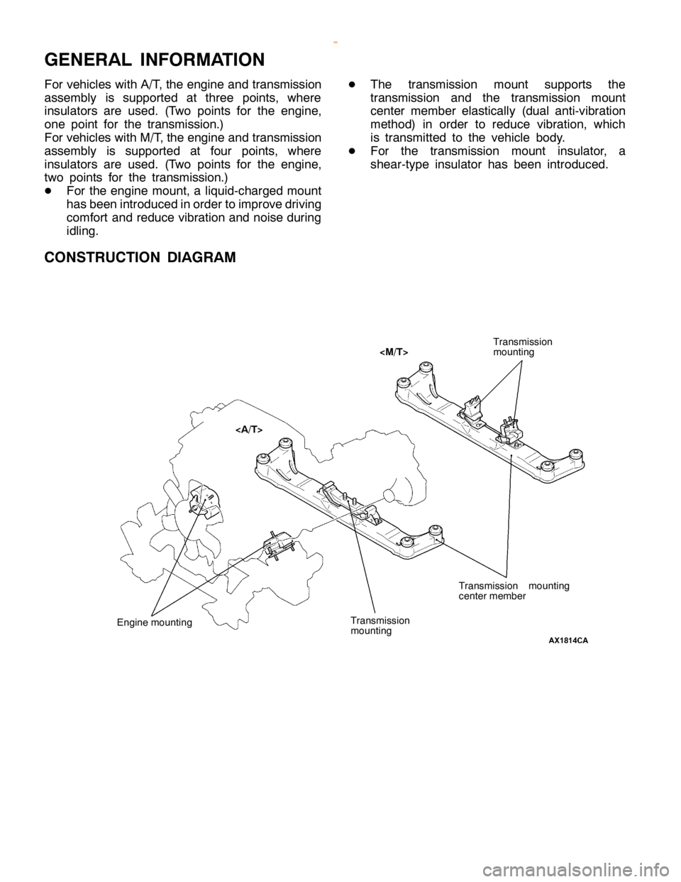 MITSUBISHI MONTERO 2000 Service Repair Manual G
EN ER AL IN FO RM ATIO N
F or ve hic le s wit h A/T , th e engin e and tr a nsm is sio n
a sse m bly is su pporte d at th re e poin ts , where
i n su la to rs are use d. (T w o poin ts fo r th e eng MITSUBISHI MONTERO 2000 Service Repair Manual G
EN ER AL IN FO RM ATIO N
F or ve hic le s wit h A/T , th e engin e and tr a nsm is sio n
a sse m bly is su pporte d at th re e poin ts , where
i n su la to rs are use d. (T w o poin ts fo r th e eng