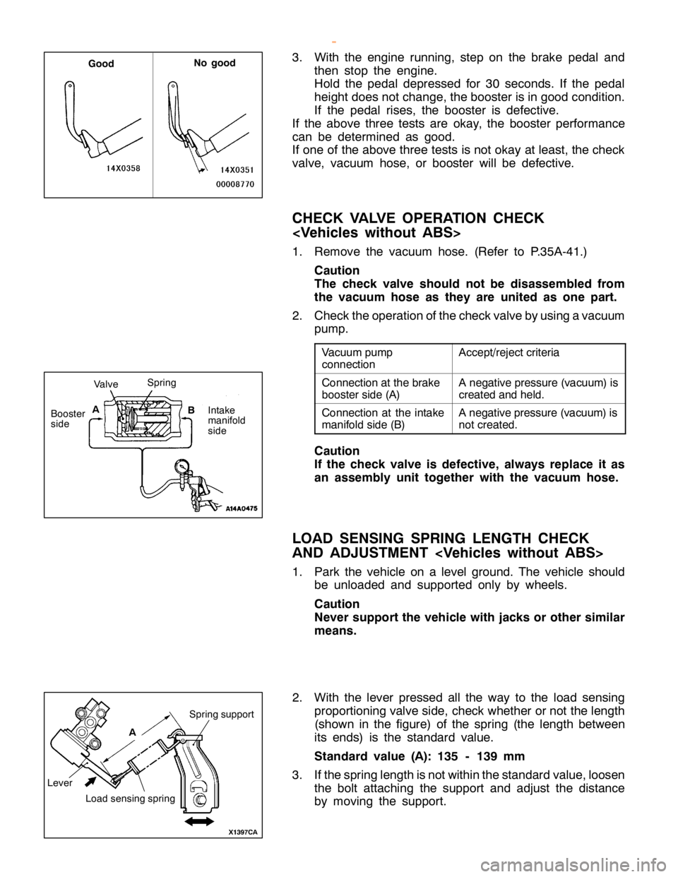 MITSUBISHI MONTERO 2000  Service Repair Manual A
cce pt/r e je ct crit e ria C
onnectio n at th e bra ke
b ooste r sid e (A ) A
negativ e pre ssu re (v a cu um )is
c re ate d and held . C
onnectio n at th e in ta ke
m anif o ld sid e (B ) A
negati