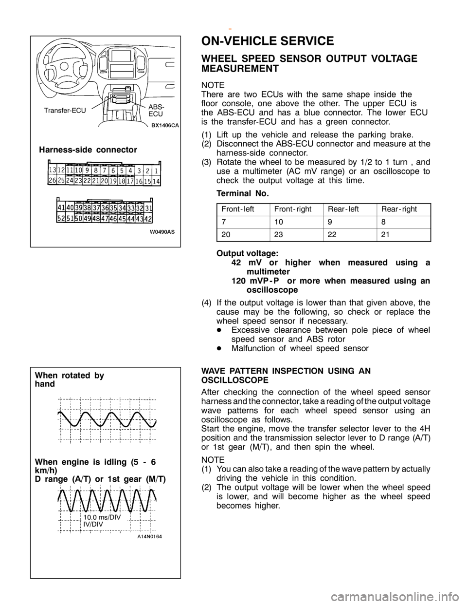 MITSUBISHI MONTERO 2000  Service Repair Manual O
N-V EH IC LE SER VIC E
W HEEL SPEED SEN SO R OUTP U T VO LTA G E
M EA SU REM EN T
N O TE
T here are tw o EC Us wit h th e sa m e sh ape in sid e th e
f lo or co nso le , one above th e oth er. The u