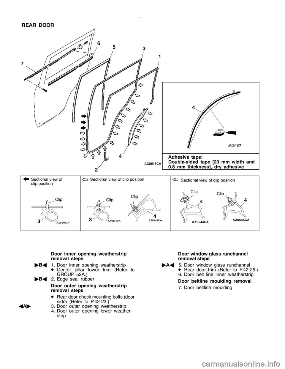 MITSUBISHI MONTERO 2000  Service Repair Manual 4R
EA R DO OR
Adhesiv e ta p e:
D ouble -s id ed ta p e [2 3 mm wid th an d
0 .8 mm th ic kn ess], dry ad hesiv e S
ectio nalv ie w ofclip posit io n S
ectio nalv ie w ofclip posit io n C
lip C
lip C
