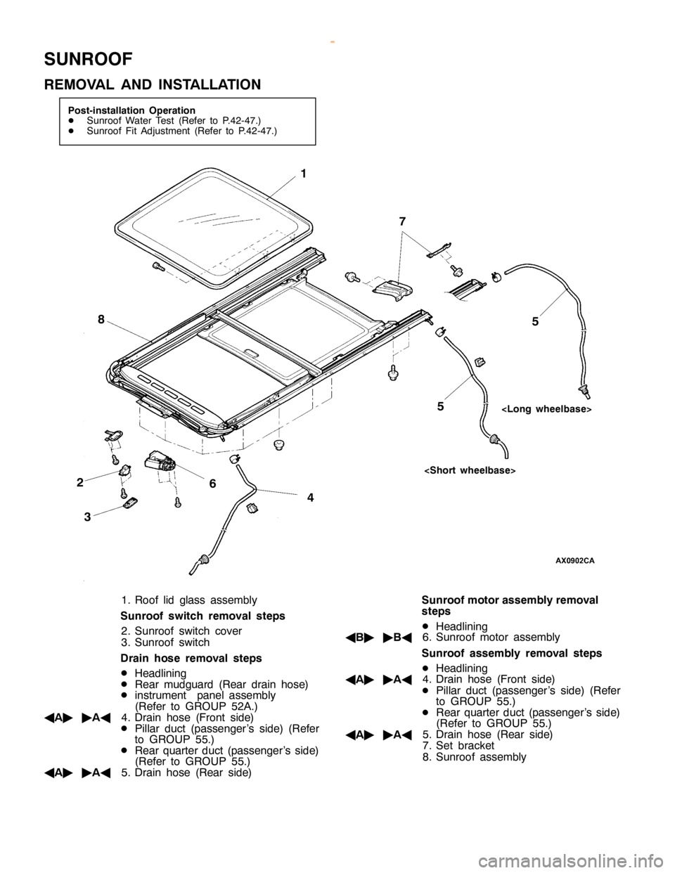 MITSUBISHI MONTERO 2000 Service Repair Manual S
U NRO OF
R EM OVA L AND IN STA LLA TIO N <
L ong wheelb ase>
8
1. R oof lid gla ss asse m bly
S unro of sw it c h re m oval ste p s
2 . S unro of sw it c h co ve r
3 . S unro of sw it c h
D ra in ho MITSUBISHI MONTERO 2000 Service Repair Manual S
U NRO OF
R EM OVA L AND IN STA LLA TIO N <
L ong wheelb ase>
8
1. R oof lid gla ss asse m bly
S unro of sw it c h re m oval ste p s
2 . S unro of sw it c h co ve r
3 . S unro of sw it c h
D ra in ho