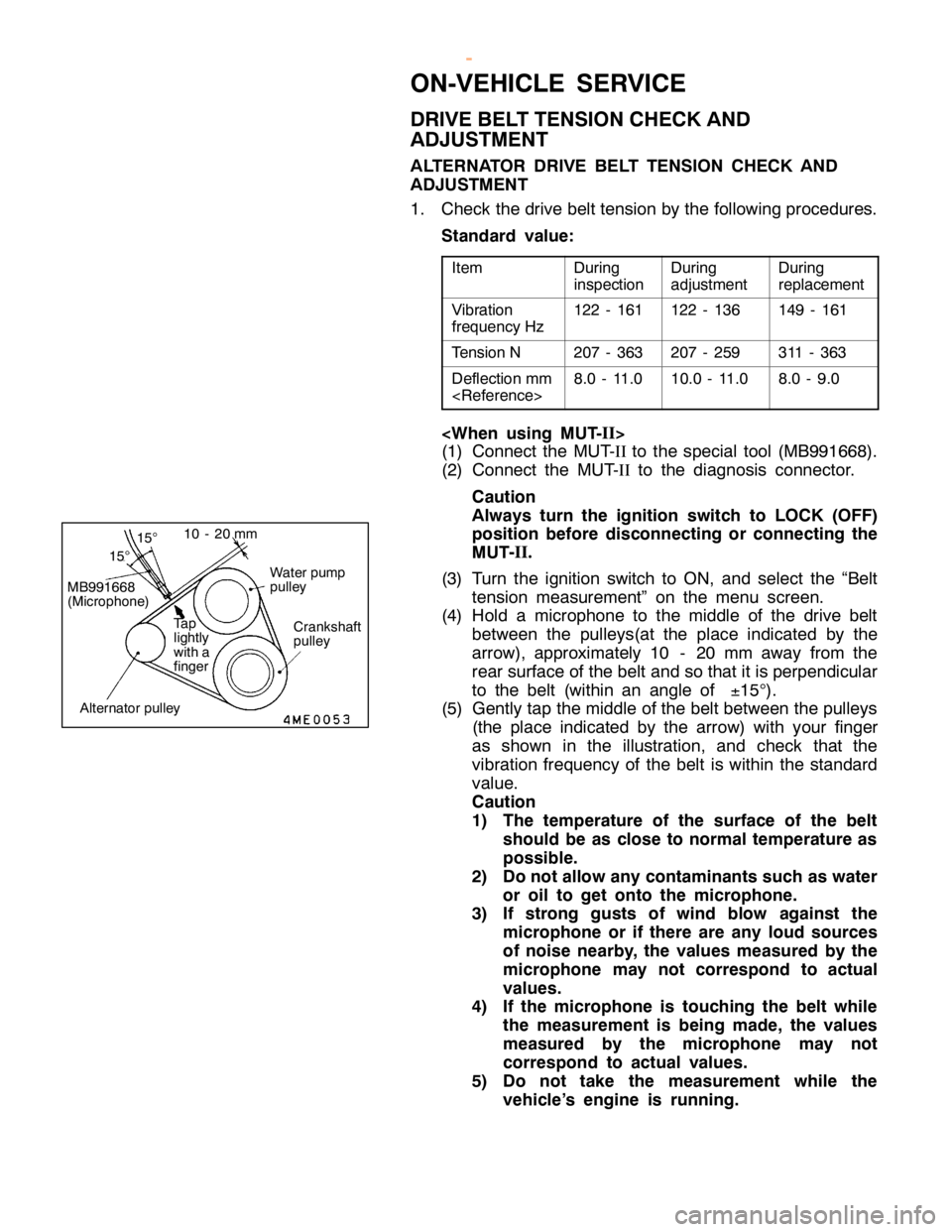 MITSUBISHI MONTERO 2000  Service Repair Manual O
N-V EH IC LE SER VIC E
D RIV E BELT TE N SIO N CHEC K AND
A DJU STM EN T
A LT E R NATO R DRIV E BELT TE N SIO N CHEC K AND
A DJU STM EN T
1 . Check th e driv e belt te nsio n by th e fo llo w in g p