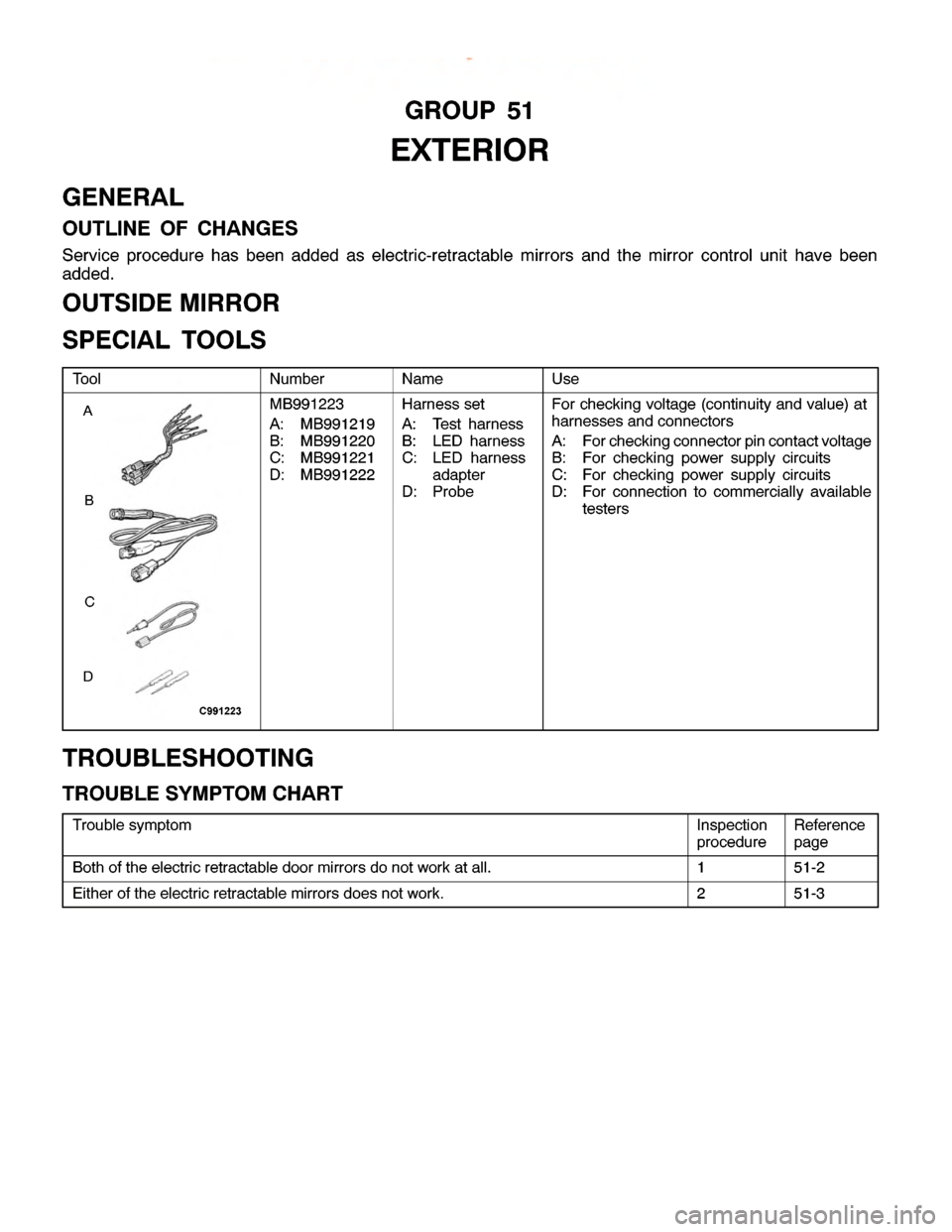 MITSUBISHI MONTERO 2000  Service Repair Manual G
RO UP 51
E XTE R IO R
G EN ER AL
O UTLIN E OF CHANG ES
S erv ic e pro ce dure has been added as ele ctr ic -re tr a cta ble mir ro rs and th e mir ro r co ntr o l unit have been
a dded.
O UTS ID E M