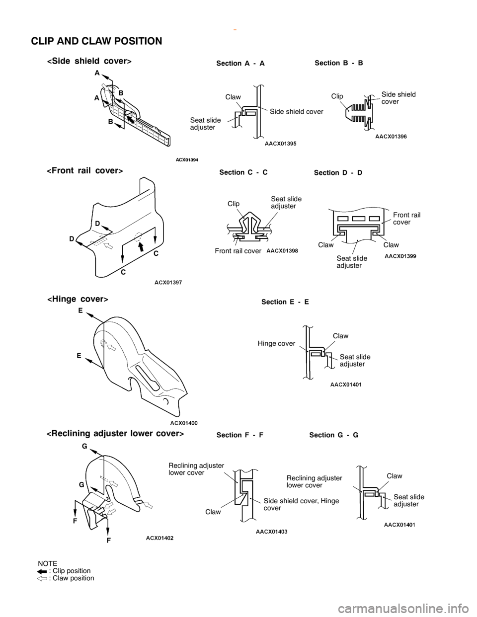 MITSUBISHI MONTERO 2000  Service Repair Manual B
B S
ectio n A -A S
ectio n B -B
C la w
Sid e sh ie ld co ve r
S eat slid e
a dju ste r C
lip S
id e sh ie ld
c o ve r S
ectio n C -C S
ectio n D -D
C lip S
eat slid e
a dju ste r
F ro nt ra il c o v
