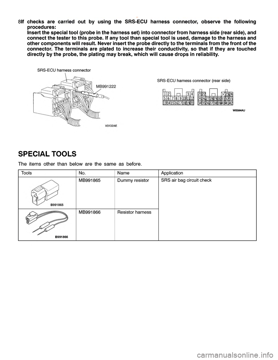 MITSUBISHI MONTERO 2000  Service Repair Manual N
o. N
am e A
pplic a tio n M
B991865 D
um myre sis to r S
R S air bag cir c u it ch eck M
B991866 R
esis to r harn ess 