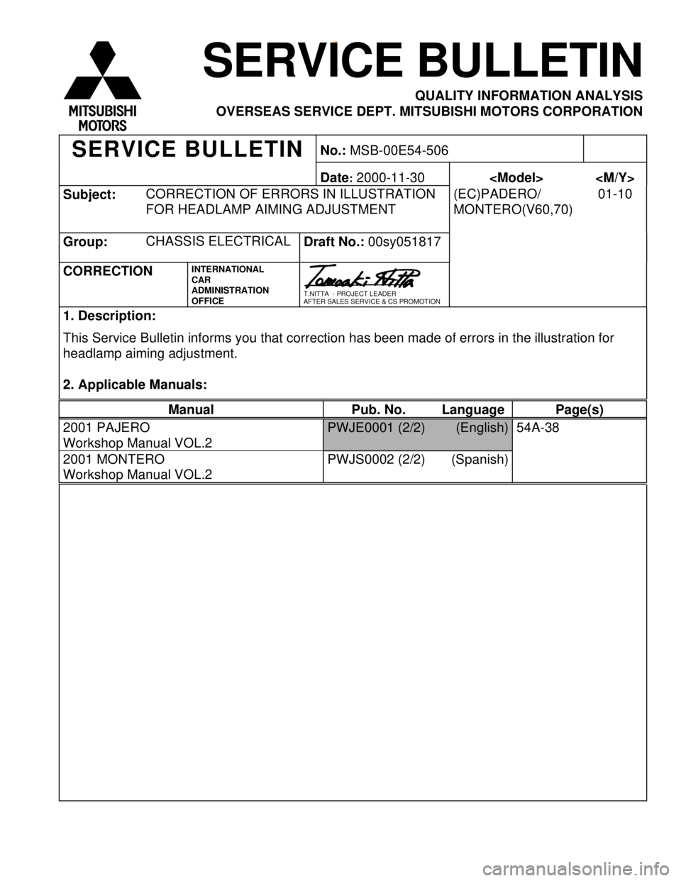 MITSUBISHI MONTERO 2000  Service Repair Manual S
ubje ct: C
O RREC TIO N O F E R RO RS IN  IL L U STR ATIO N
F O R H EAD LA M P A IM IN G  A D JU STM EN T (
E C )P AD ER O /
M ONTE R O (V 60,7 0 ) 0
1-1 0 M
an ual Pub.  N o. Lan guag e Pag e(s ) P