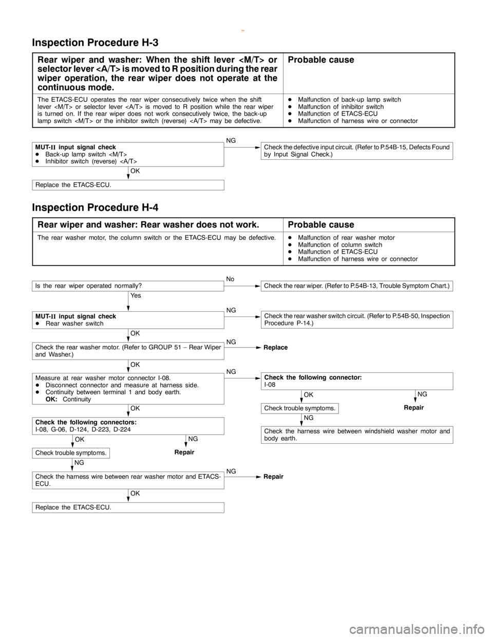 MITSUBISHI MONTERO 2000  Service Repair Manual SWS -Troubleshooting54B-32
Inspection Procedure H-3
Rear wiper and washer: When the shift lever <M/T> or
selector lever <A/T> is moved to R position during the rear
wiper operation, the rear wiper doe