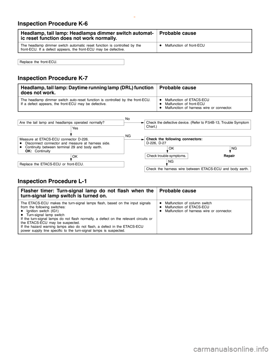 MITSUBISHI MONTERO 2000  Service Repair Manual SWS -Troubleshooting54B-37
Inspection Procedure K-6
Headlamp, tail lamp: Headlamps dimmer switch automat-
ic reset function does not work normally.Probable cause
The headlamp dimmerswitch automatic re
