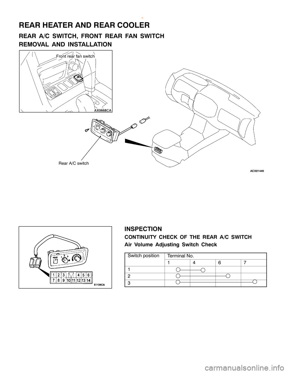 MITSUBISHI MONTERO 2000  Service Repair Manual R
EA R HEATE R AND REA R CO OLE R
R EA R A/C SW IT C H, FR O NT REA R FA N SW IT C H
R EM OVA L AND IN STA LLA TIO N F
ro nt re ar fa n sw it c h
IN SPEC TIO N
C O NTIN UIT Y CHEC K OF TH E REA R A/C 