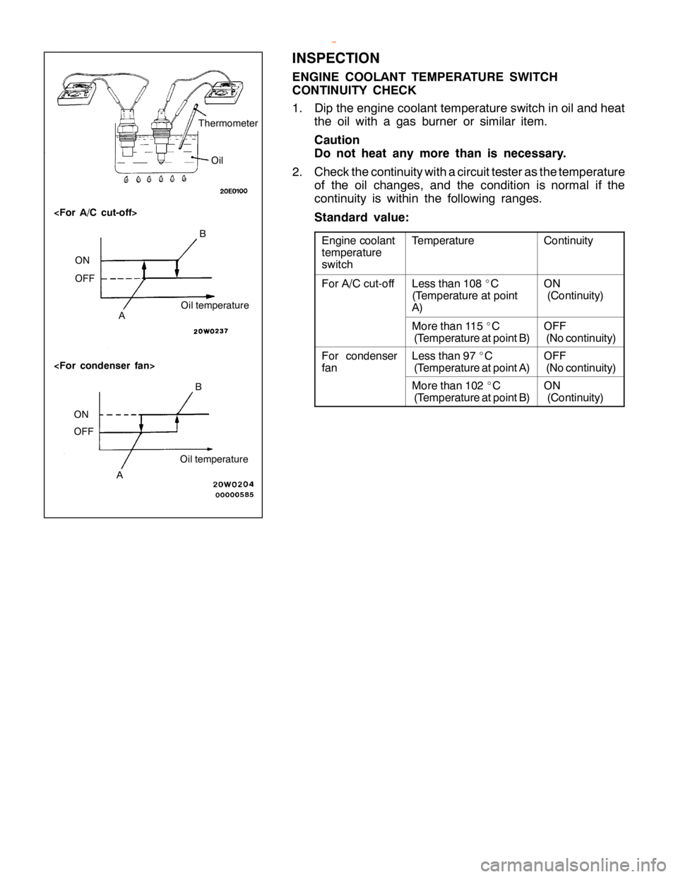 MITSUBISHI MONTERO 2000  Service Repair Manual T
e m pera tu re C
ontin uit y F
or A /C cu t- o ff L
ess th an 108 _C
( T e m pera tu re at poin t
A ) O
N
( C ontin uit y ) M
ore th an 11 5 _C
( T e m pera tu re atp oin tB ) O
FF
( N oco ntin uit 