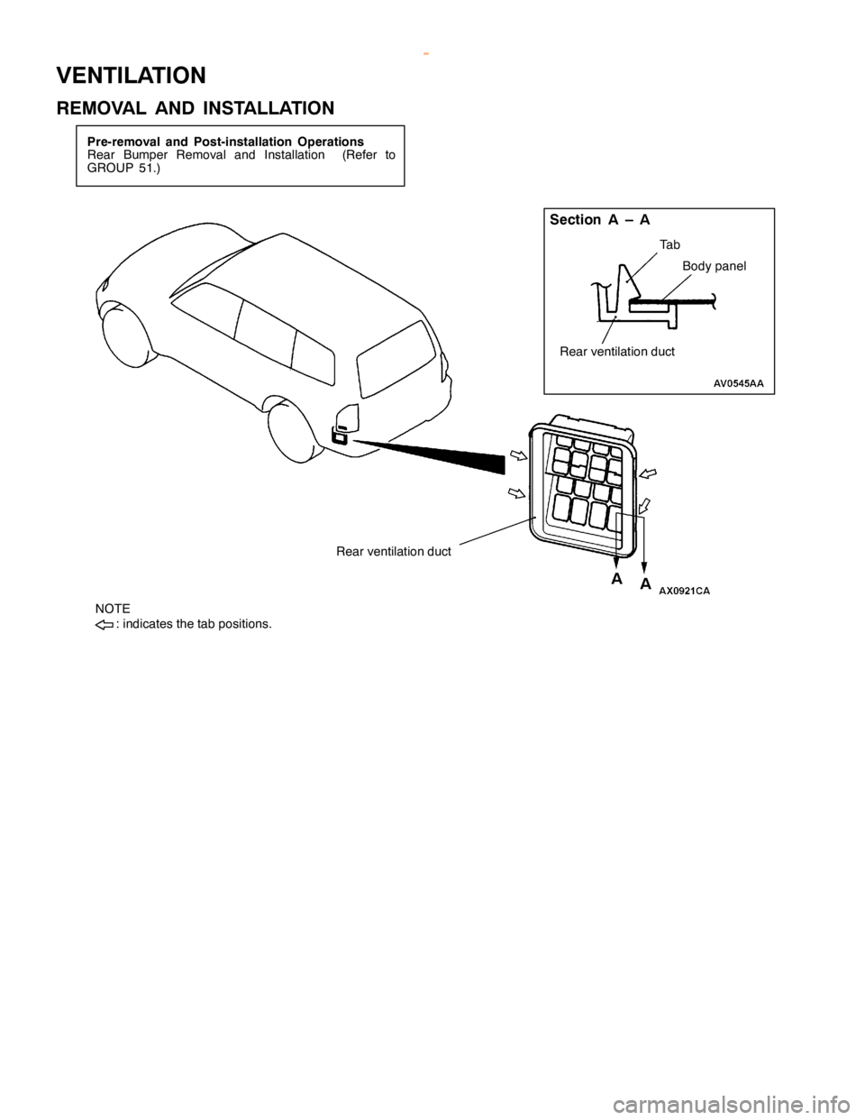 MITSUBISHI MONTERO 2000  Service Repair Manual V
EN TIL A TIO N
R EM OVA L AND IN STA LLA TIO N R
ear ve ntila tio n duct R
ear ve ntila tio n duct T
a b B
ody panel
A
A
S
ectio n A –A
N O TE
: in dic a te s th e ta b posit io ns.
w
ww.W ork sh 