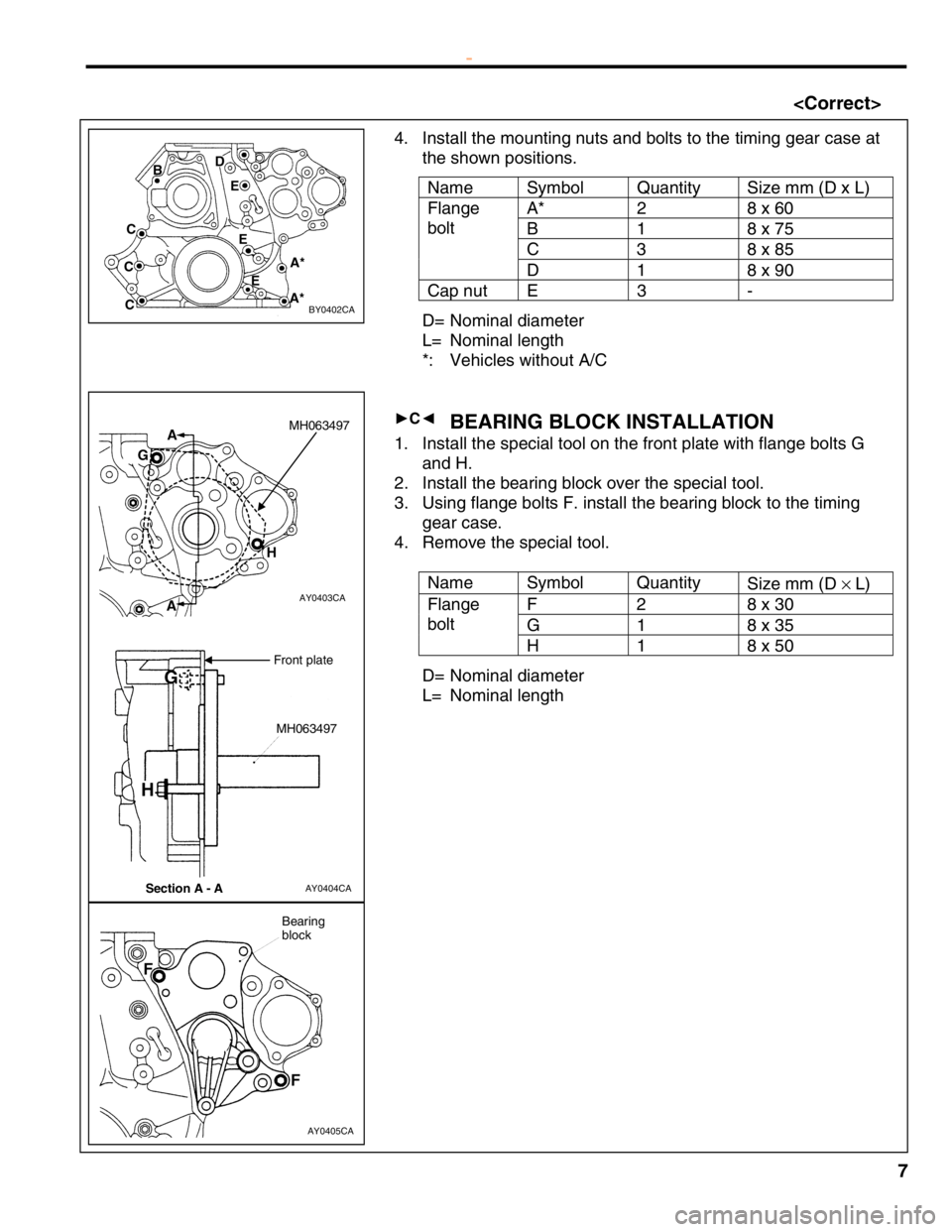 MITSUBISHI MONTERO 2000  Service Repair Manual A
* 2 8 x  6 0 B
1 8 x  7 5 C
3 8 x  8 5 F
la nge
b olt
D 1 8 x  9 0 C
ap n ut E 3 - D
= Nom in al  d ia m ete r
L = Nom in al  le ngth
* : Vehic le s w it h out A /C
B EA RIN G  B LO CK IN STA LL A T