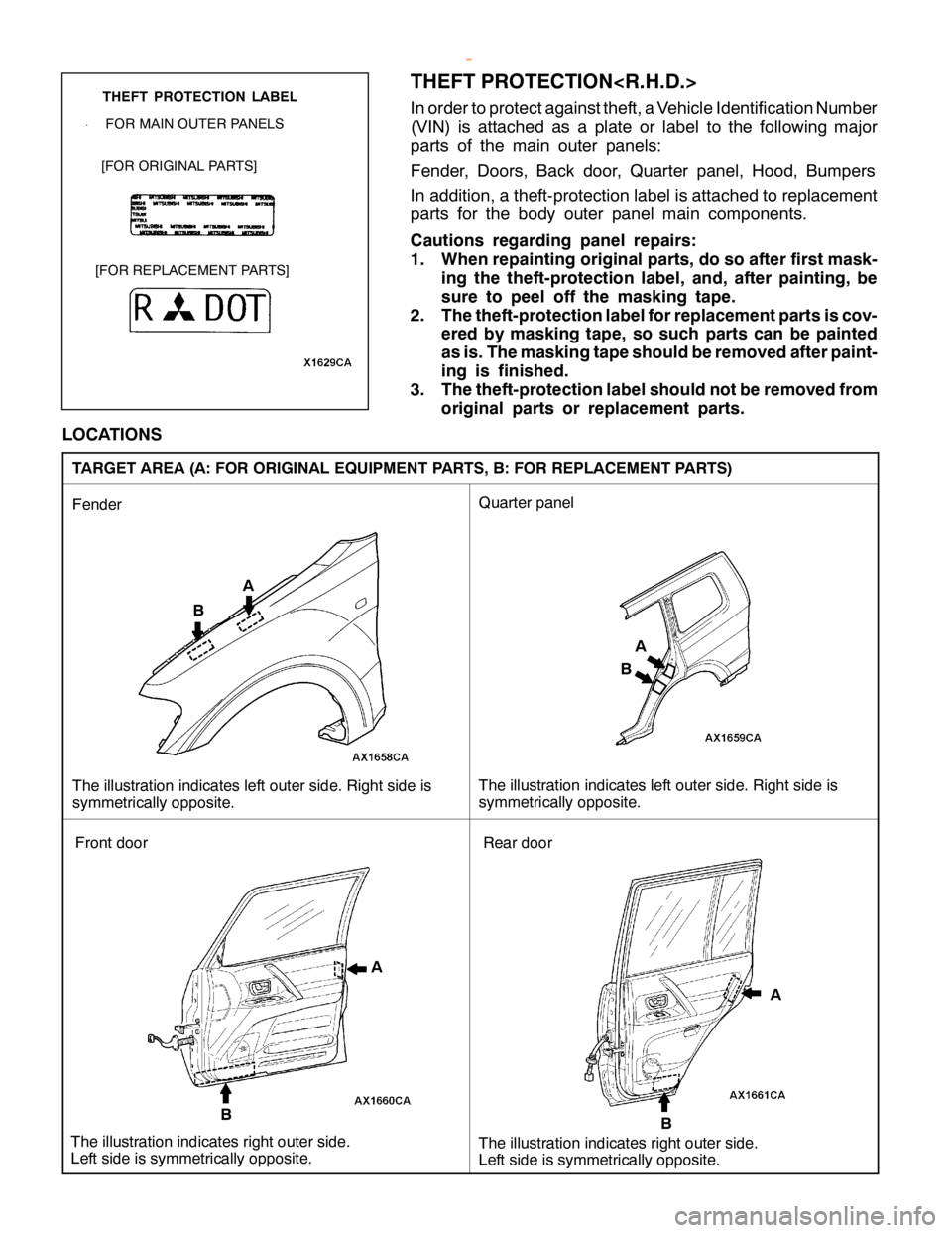 MITSUBISHI MONTERO 2000  Service Repair Manual A
B
T he illu str a tio n in dic a te s le ft oute r sid e.R ig ht sid e is
s ym metr ic a lly opposit e .
F
ender [
F O R ORIG IN AL PA R TS ] F
O R MAIN OUTE R PA N ELS      
