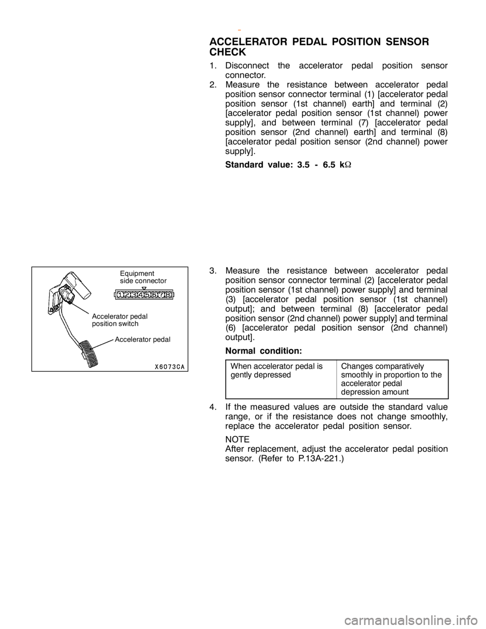 MITSUBISHI MONTERO 2000  Service Repair Manual C
hanges co m para tiv e ly
s m ooth ly in pro portio n to th e
a cce le ra to r pedal
d epre ssio n am ount E
quip m ent
s id e co nnecto r A
cce le ra to r pedal
w
ww.W ork sh opM an uals .c o .u k
