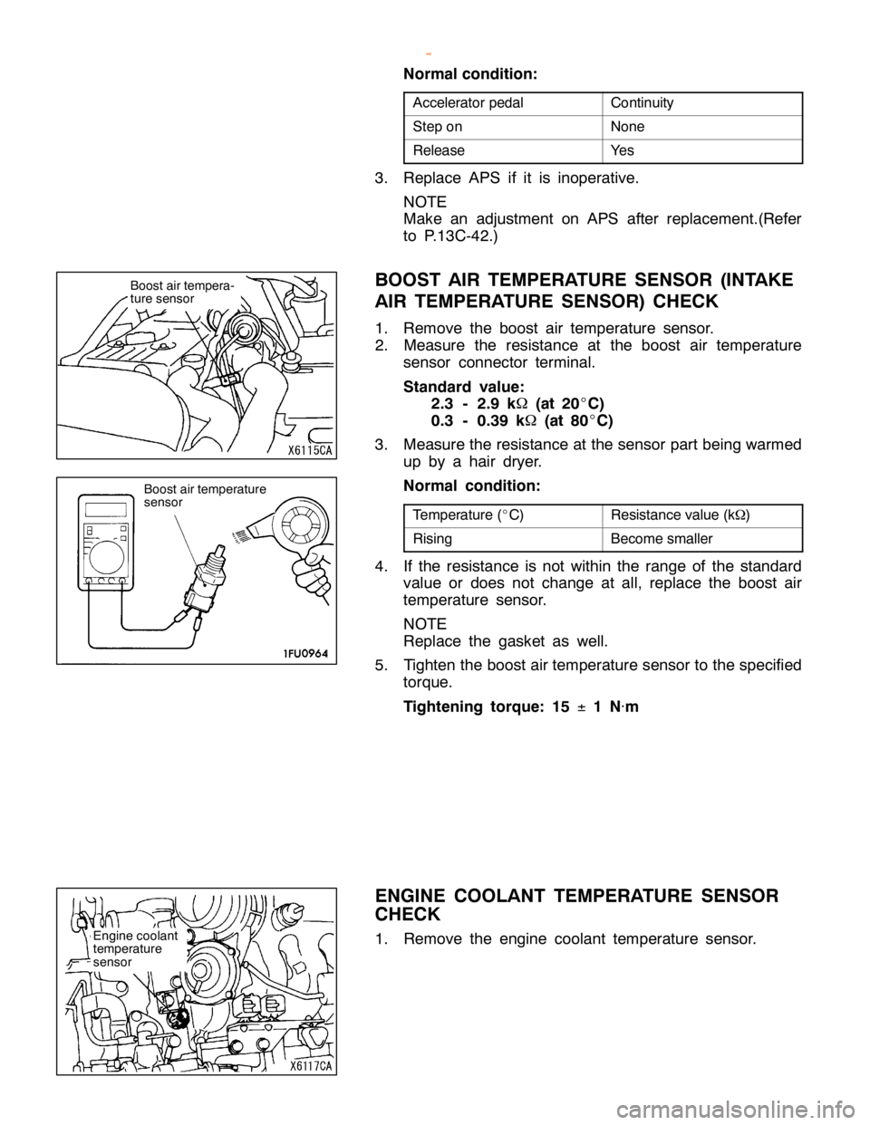 MITSUBISHI MONTERO 2000  Service Repair Manual C
ontin uit y S
te p on N
one R
ele ase Y
es R
esis ta nce va lu e (k W
) R
is in g B
eco m e sm alle r B
oost a ir te m pera tu re
s e nso r E
ngin e co ola nt
t e m pera tu re
s e nso r w
ww.W ork s