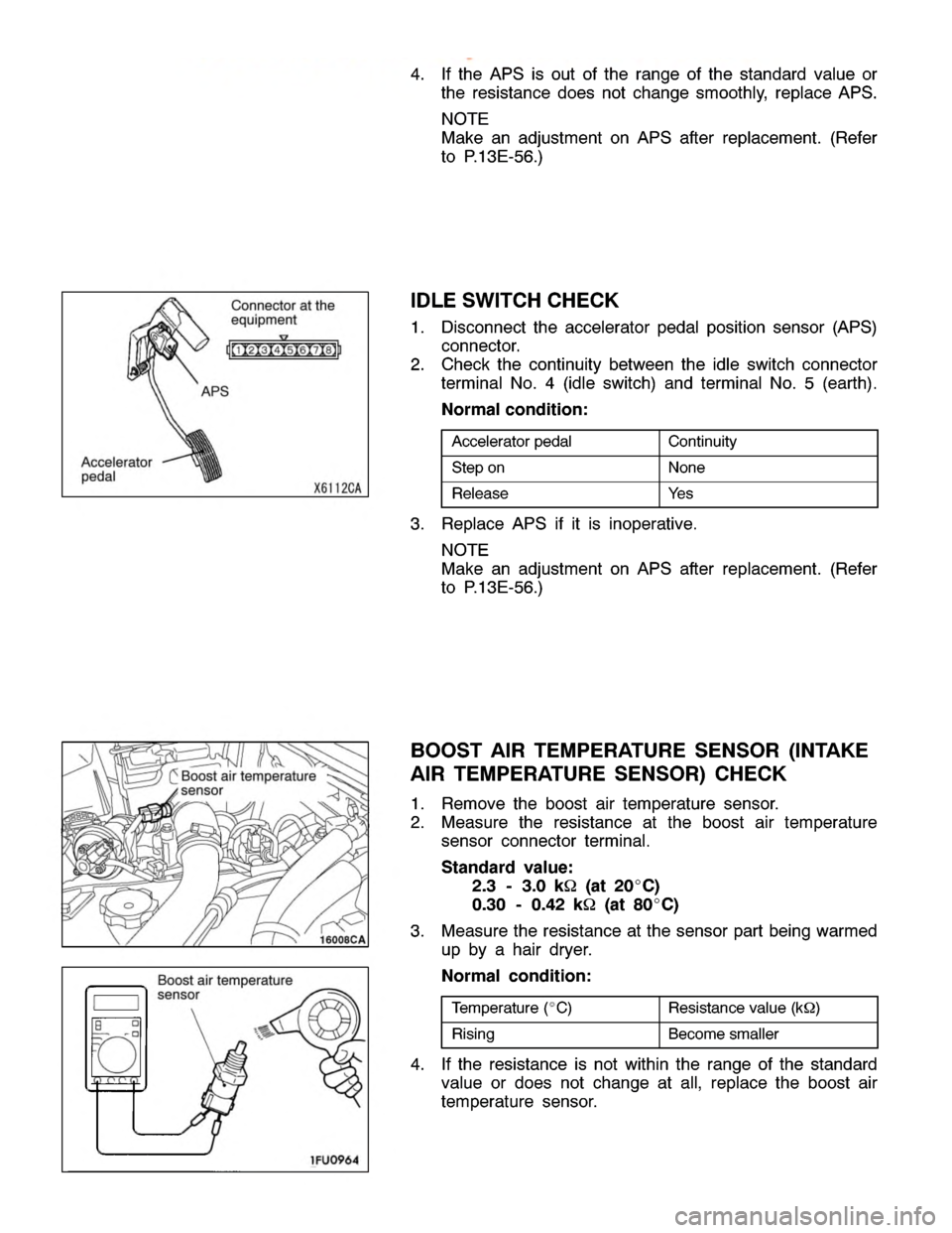 MITSUBISHI MONTERO 2000  Service Repair Manual C
ontin uit y S
te p on N
one R
ele ase Y
es R
esis ta nce va lu e (k Ω ) R
is in g B
eco m esm alle r A
cce le ra to r
p edal A
PS B
oost air te m pera tu re
s e nso r B
oost air te m pera tu re
s 