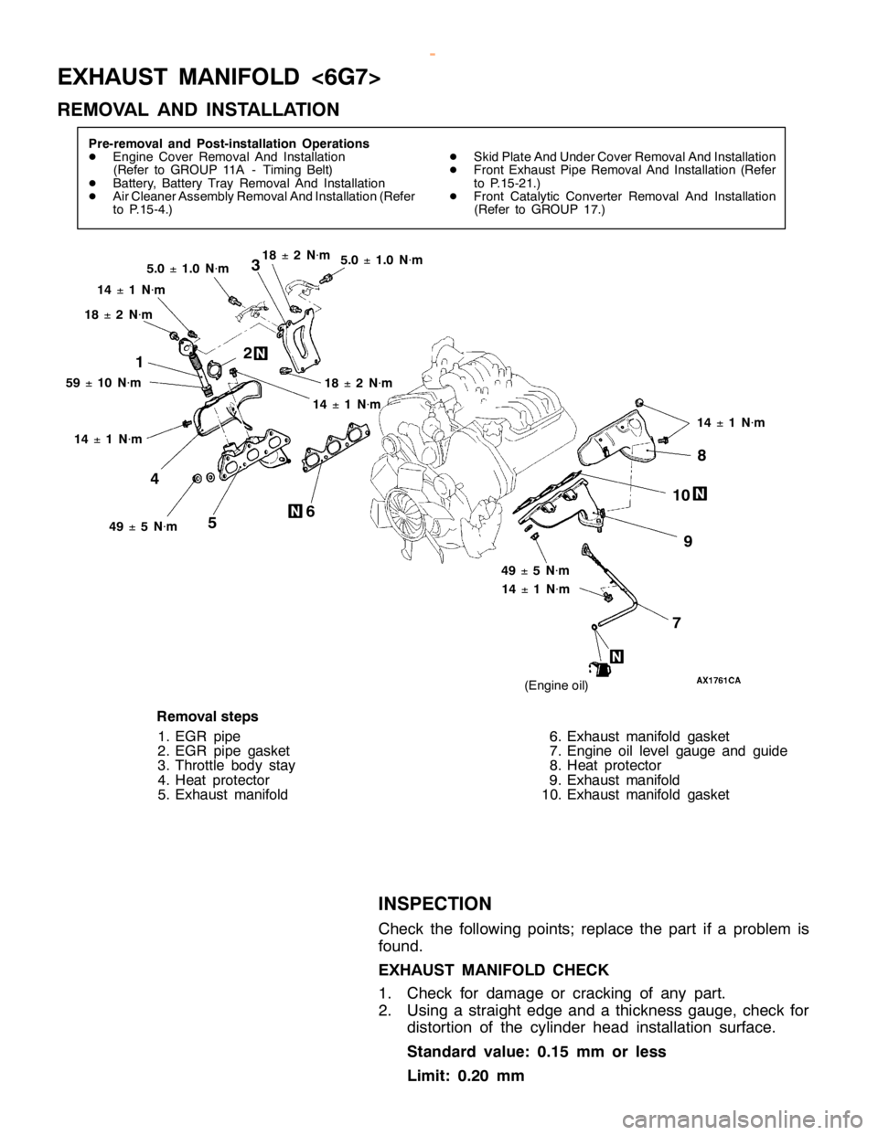 MITSUBISHI MONTERO 2000  Service Repair Manual E
XH AUST MANIF O LD <6G 7>
R EM OVA L AND IN STA LLA TIO N 2
1 4
6
5 8
7 95
9
±1
0 N
×m 1
8
±2
N
×m
5.0
±1
.0 N
×m 5
.0
±1
.0 N
×m 3
R em oval ste p s
1 . E G R pip e
2 . E G R pip e gaske t

