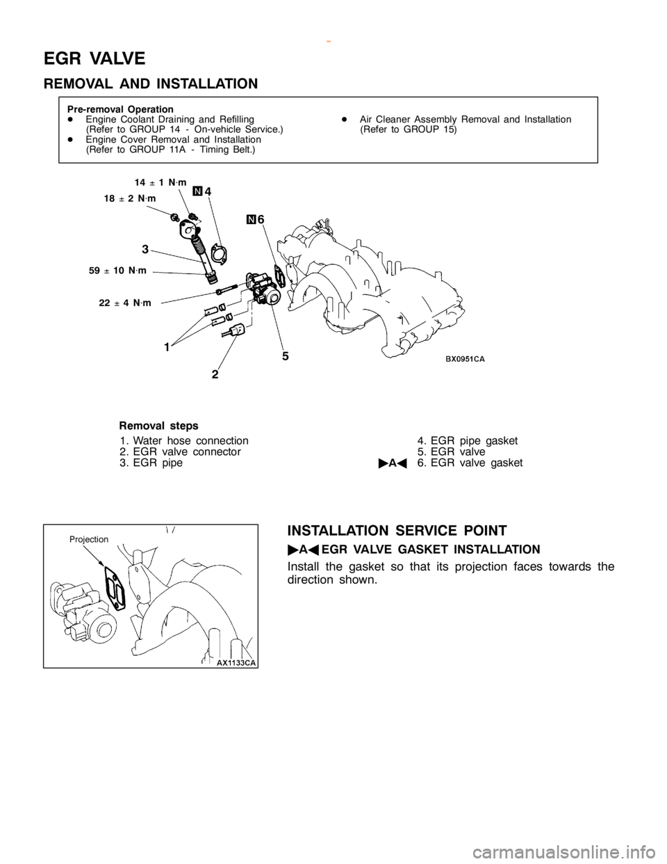 MITSUBISHI MONTERO 2000  Service Repair Manual E
G R VA LV E
R EM OVA L AND IN STA LLA TIO N 3
4
5
6 1
8 ±
2 N×
m 2
2 ±
4 N×
m 5
9 ±
10 N×
m
R em oval ste p s
1 . W ate r hose co nnectio n
2 . E G R va lv e co nnecto r
3 . E G R pip e 4
. E 