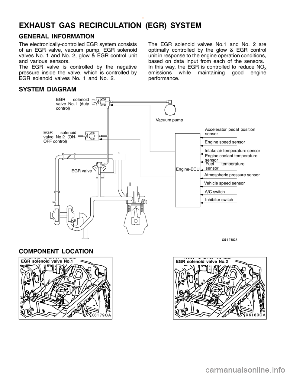 MITSUBISHI MONTERO 2000  Service Repair Manual E
G R so le n oid valv e No.1 1
7-5 3 E
XH AUST GAS REC IR CULA TIO N (E G R) SYSTE M
G EN ER AL IN FO RM ATIO N
T he ele ctr o nic a lly -c o ntr o lle d EG R syste m co nsis ts
o f an EG R va lv e ,