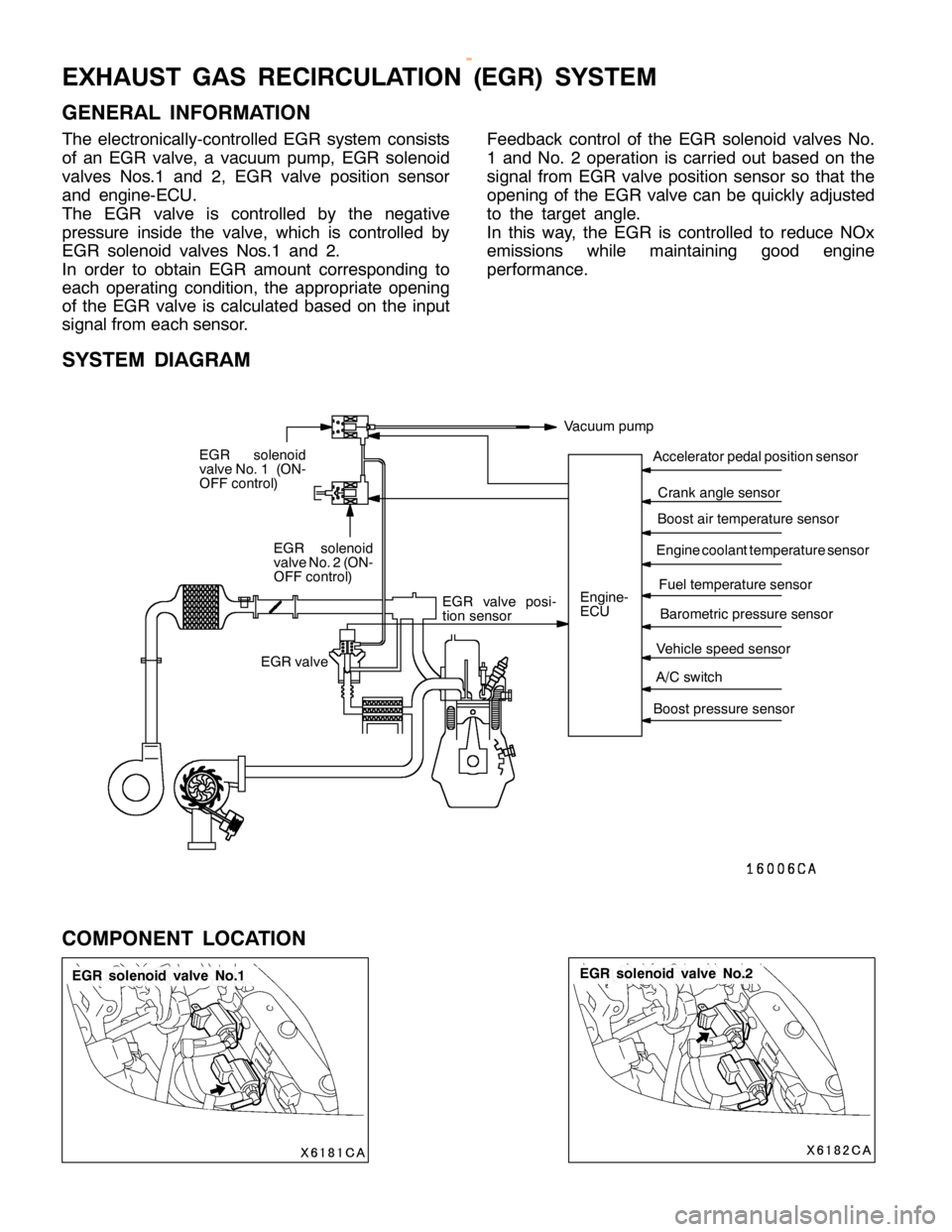 MITSUBISHI MONTERO 2000  Service Repair Manual E
G R so le n oid valv e No.2 1
7-3 E
XH AUST GAS REC IR CULA TIO N (E G R) SYSTE M
G EN ER AL IN FO RM ATIO N
T he ele ctr o nic a lly -c o ntr o lle d EG R syste m co nsis ts
o f an EG R va lv e , a