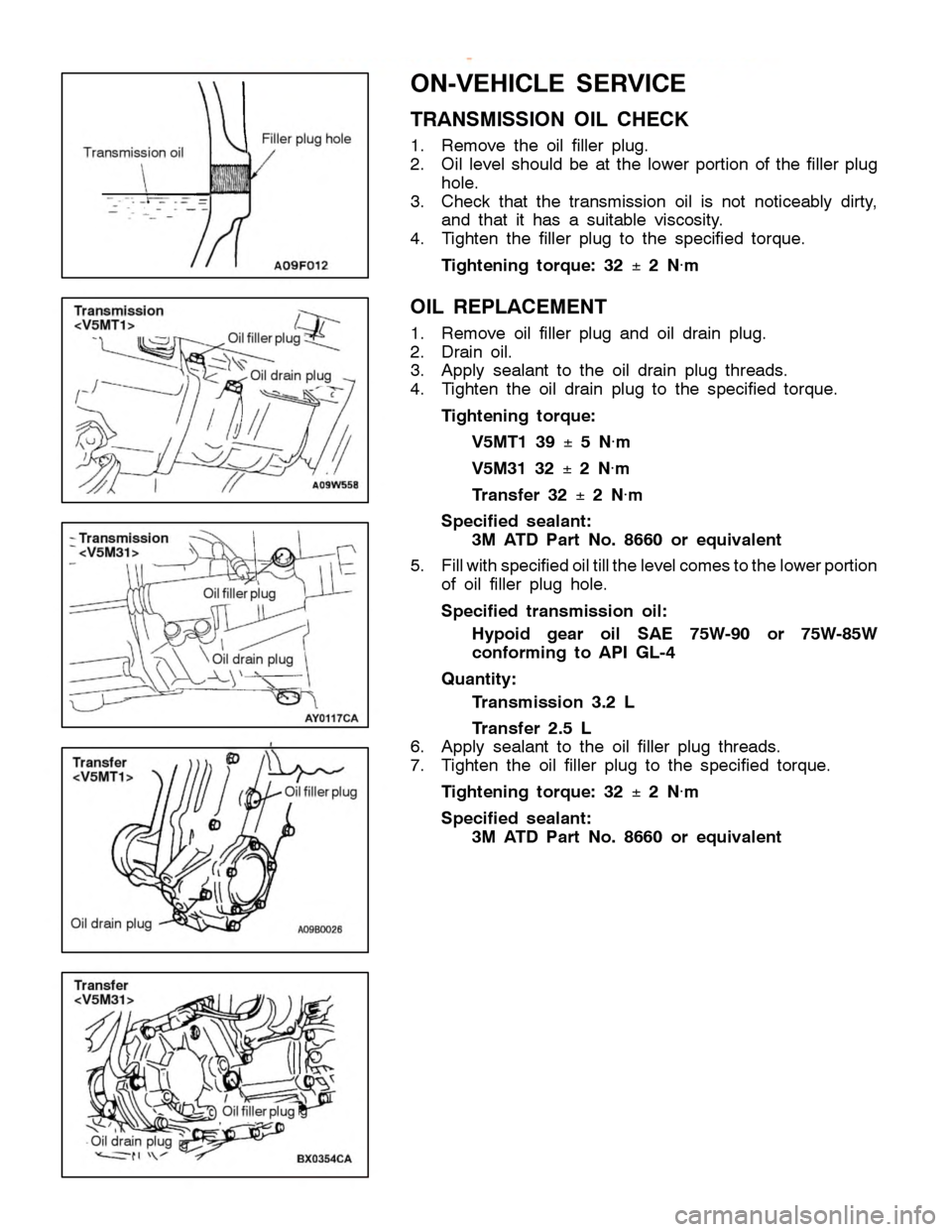 MITSUBISHI MONTERO 2000  Service Repair Manual O
N-V EH IC LE SER VIC E
T R ANSM IS SIO N OIL CHEC K
1 . Rem ove th e oil fille r plu g.
2 . Oil le ve l sh ould be at th e lo w er portio n of th e fille r plu g
h ole .
3 . Check th at th e tr a ns