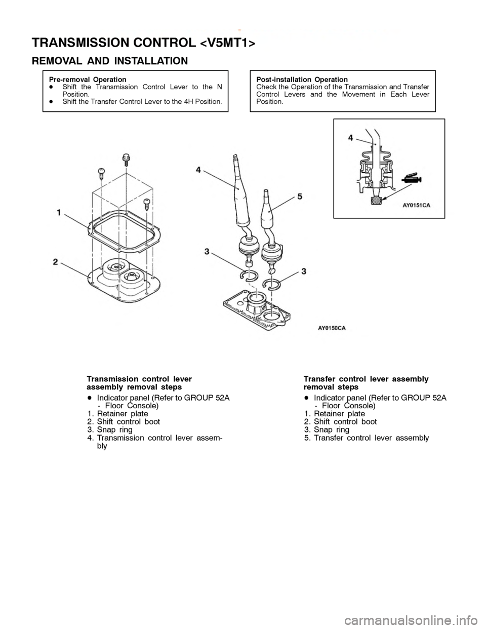 MITSUBISHI MONTERO 2000  Service Repair Manual T
R ANSM IS SIO N CO NTR O L <V 5M T1>
R EM OVA L AND IN STA LLA TIO N 