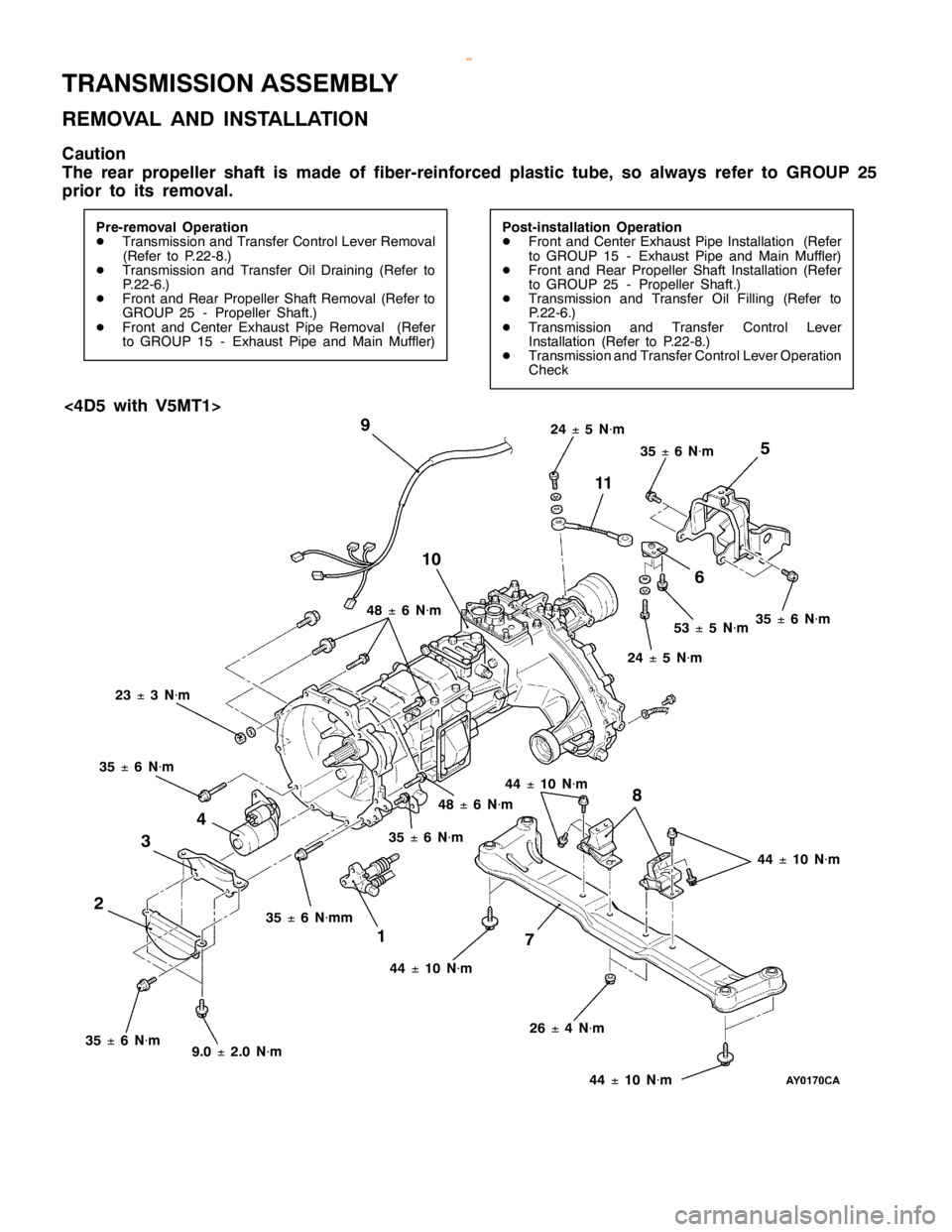 MITSUBISHI MONTERO 2000  Service Repair Manual T
R ANSM IS SIO N ASSEM BLY
R EM OVA L AND IN STA LLA TIO N
C au tio n
T he re ar pro pelle r sh aft is mad e of fib er-r e in fo rc ed pla stic tu be, so alw ays re fe r to GRO UP 25
p rio r to it s 