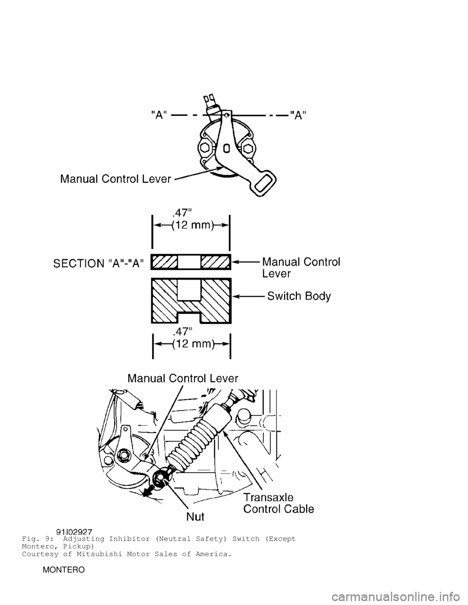 MITSUBISHI MONTERO 1991  Service Manual Fig. 9:  Adjusting Inhibitor (Neutral Safety) Switch (Except
Montero, Pickup)
Courtesy of Mitsubishi Motor Sales of America.
         MONTERO                                